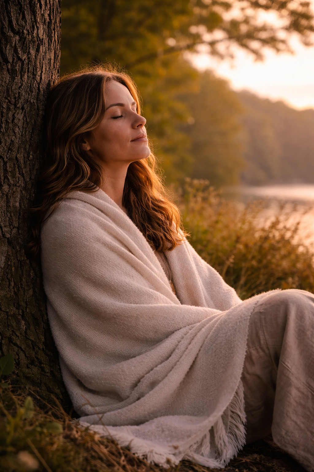 Woman resting against a tree wrapped in a blanket, embodying nervous-system safety and regulation