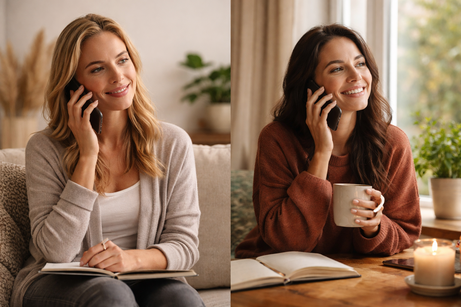 Two women sitting indoors, each holding a phone to their ear in a split-screen format. The woman on the left has blonde hair, wears a beige cardigan over a white shirt, and holds a notebook. The woman on the right has dark hair, wears a rust-colored sweater, and holds a mug. Both women are smiling.