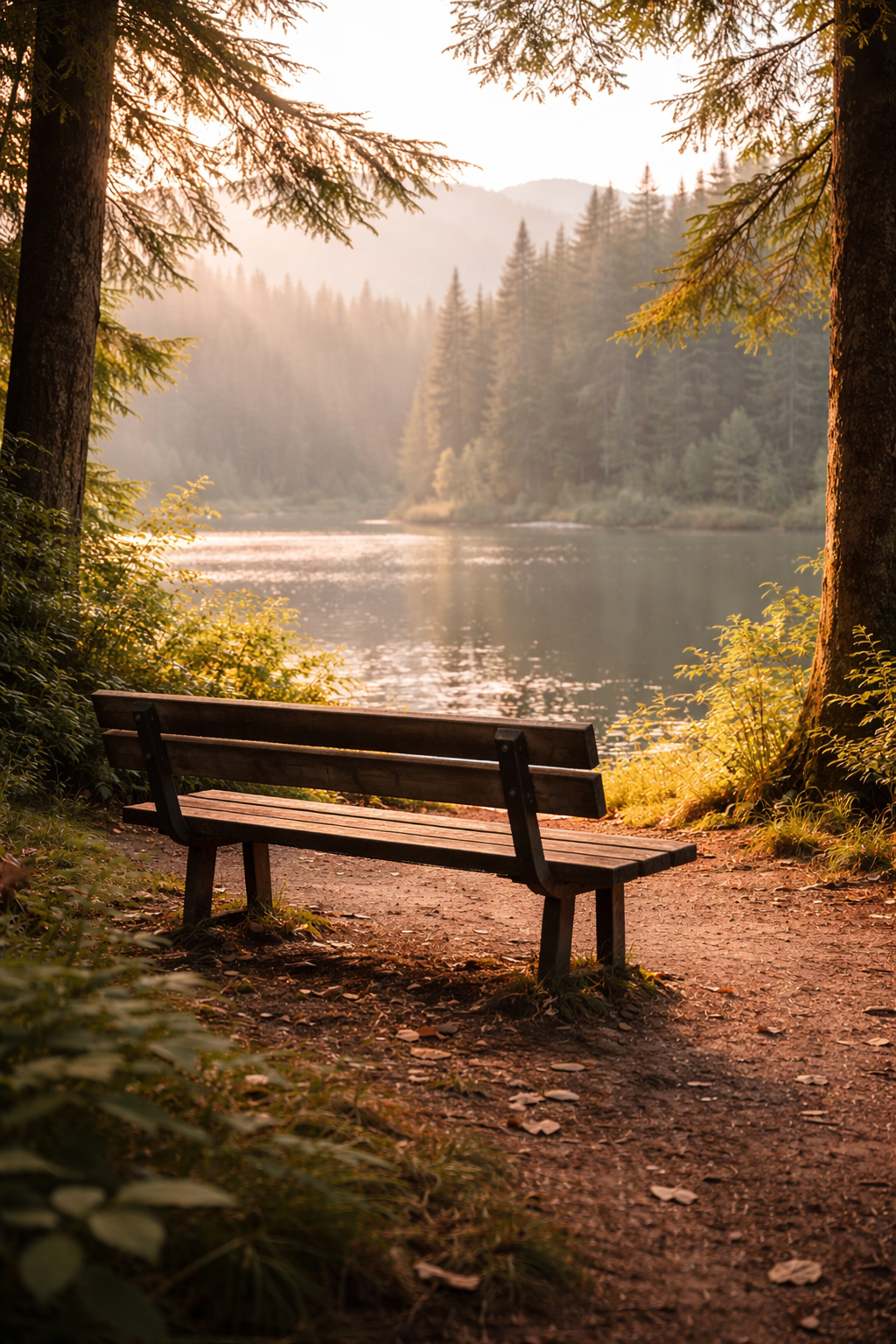 Empty wooden bench beside a quiet lake surrounded by trees, evoking rest, pause, and nervous-system regulation.