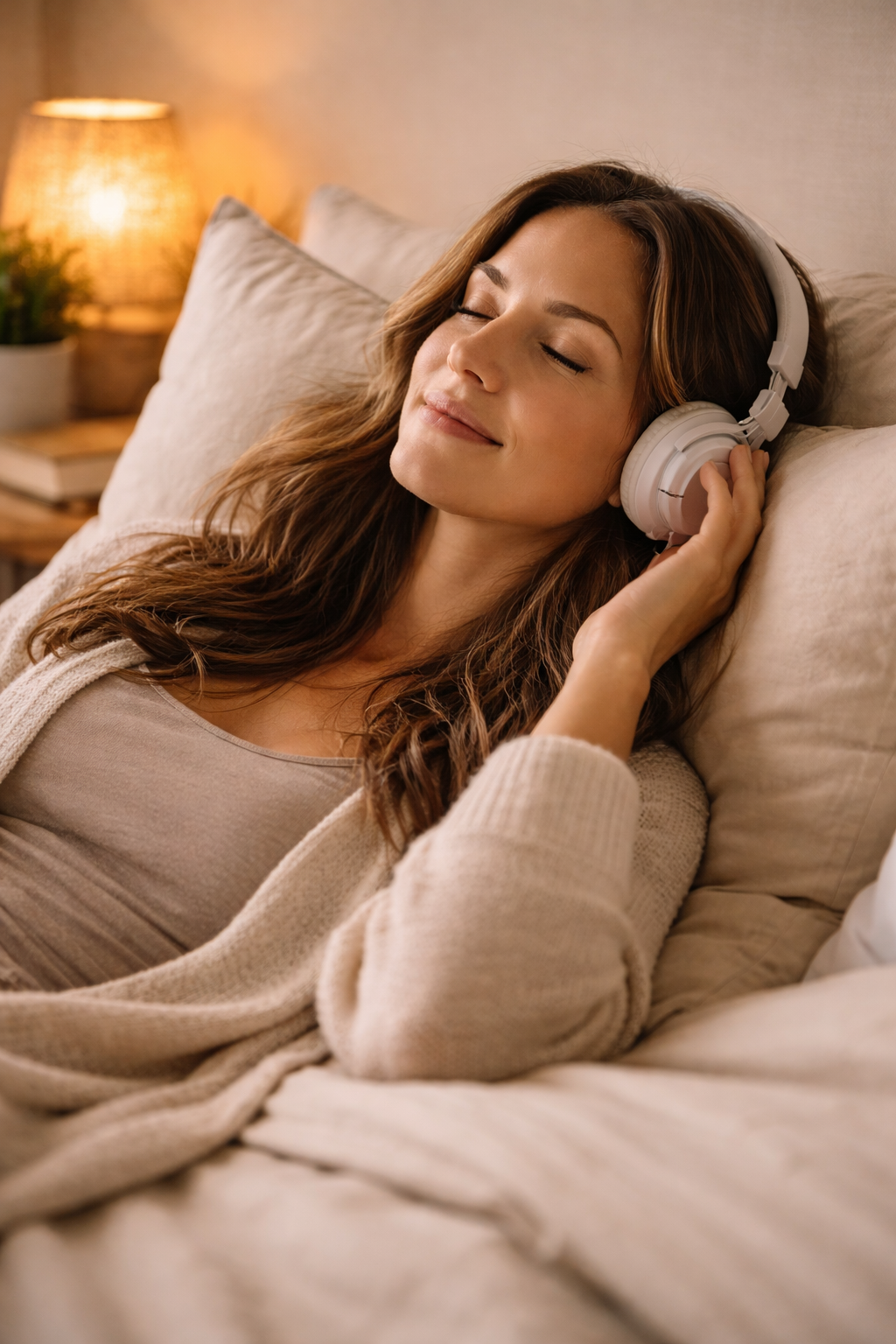 Woman resting peacefully while listening with headphones, representing gentle support through audio.
