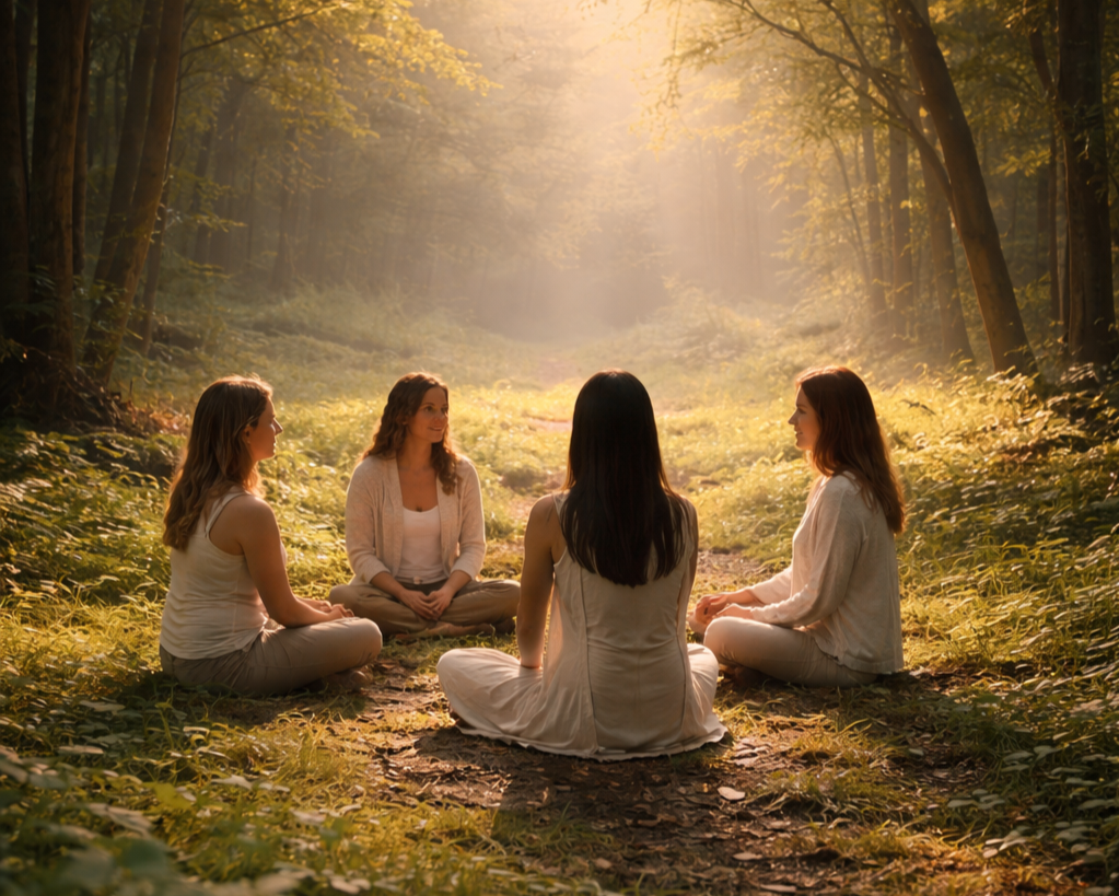 Small group of women seated in a circle outdoors in a supportive setting.