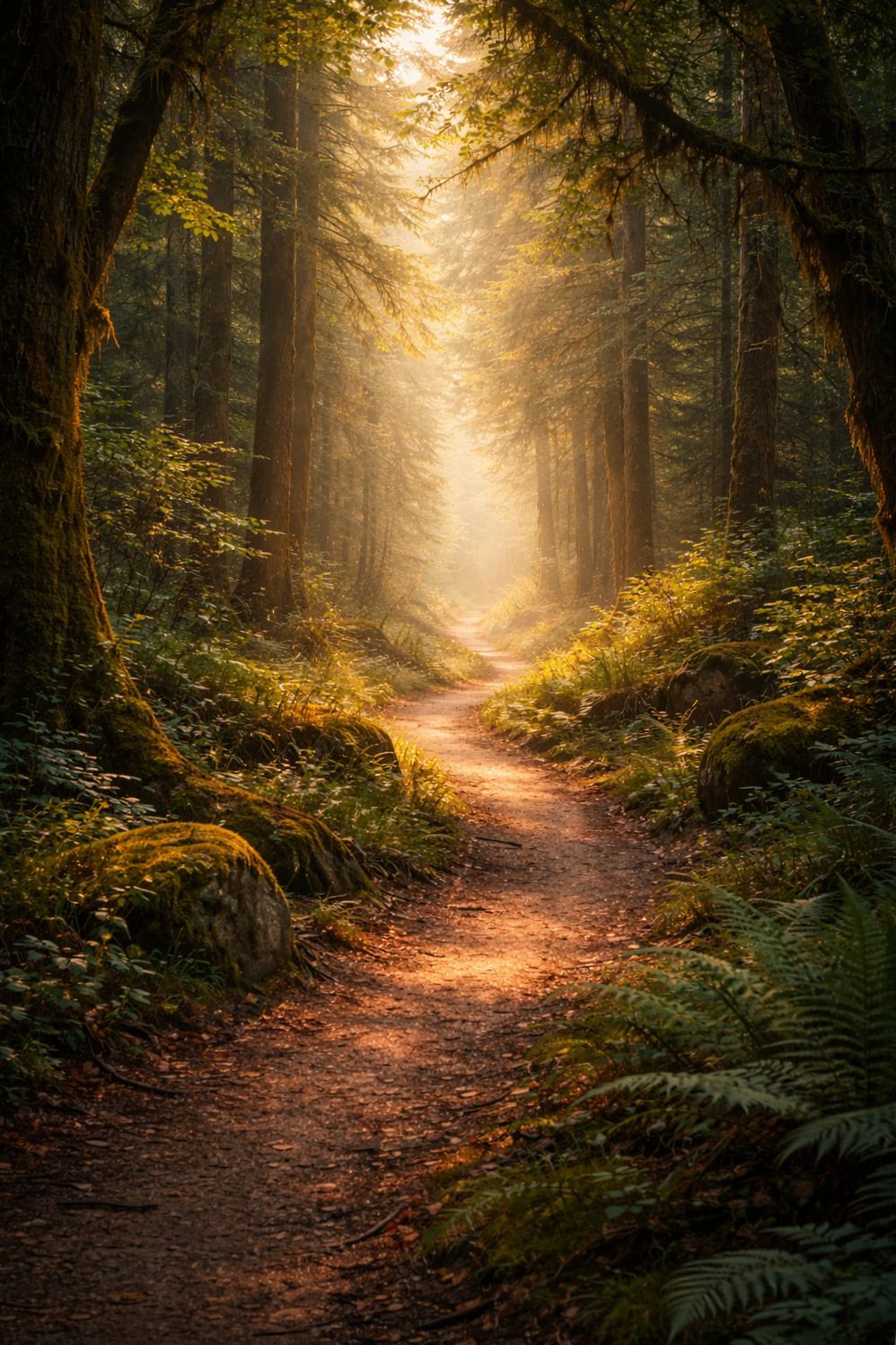 Sunlit forest path representing awareness, reflection, and the beginning of a healing journey