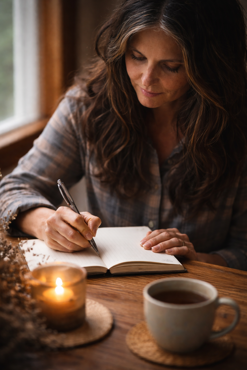 Woman journaling in a calm, intimate space representing reflection and self-awareness in healing