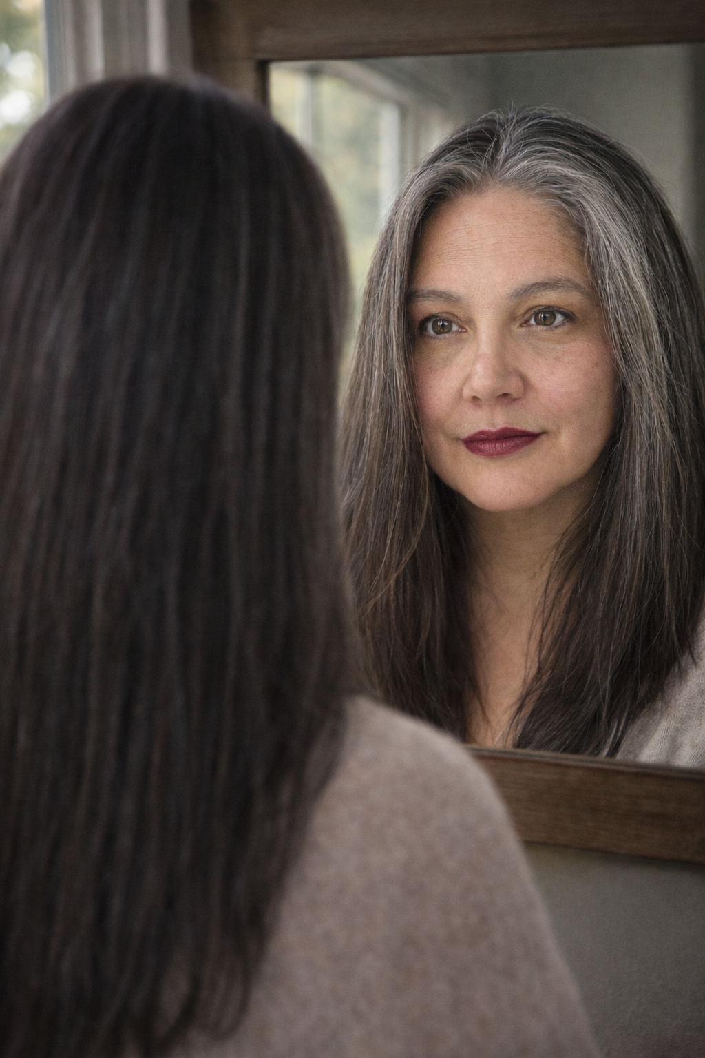 Woman meeting her own gaze in a mirror, representing truth-telling and self-honesty.