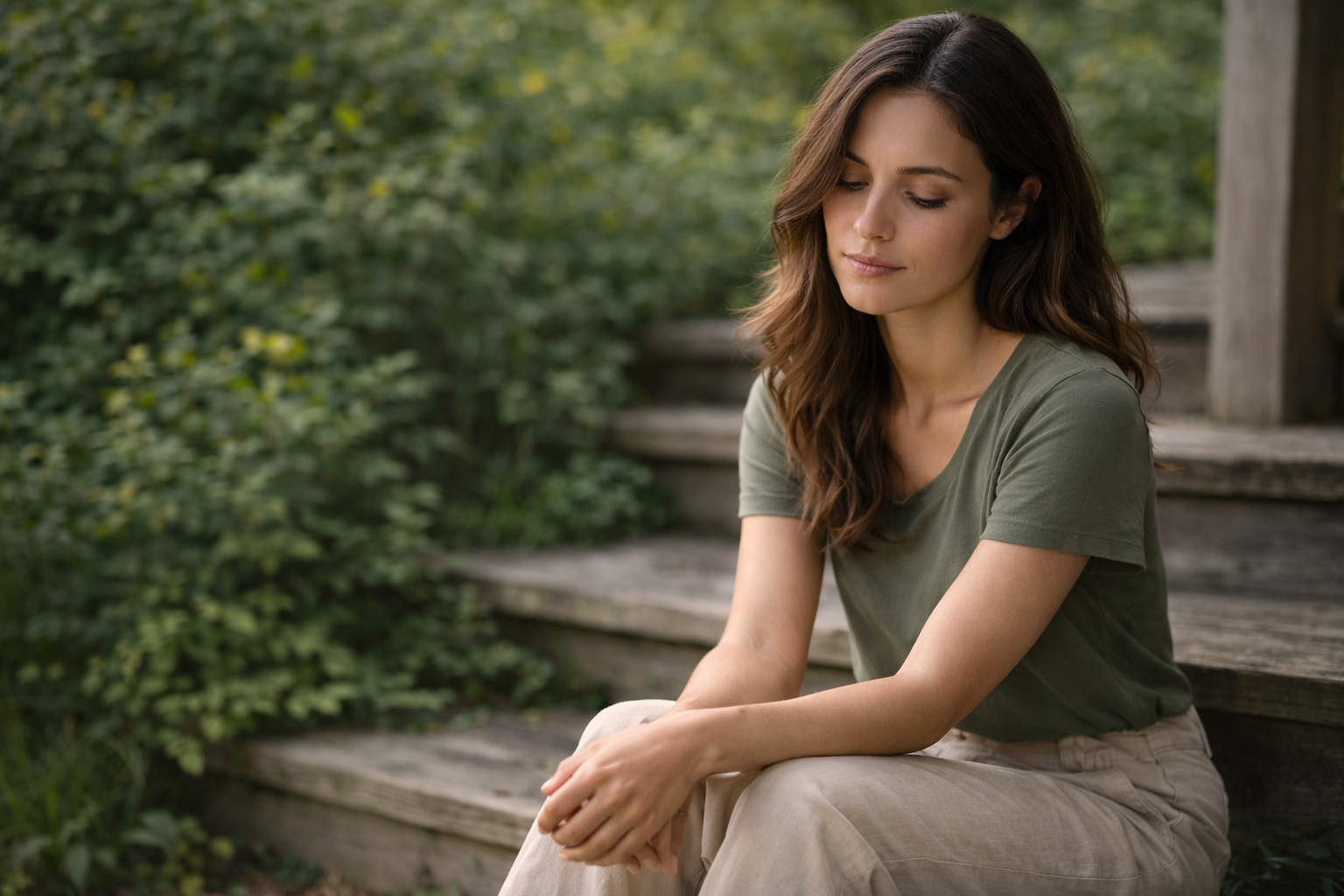 Woman sitting quietly outdoors representing emotional reflection and gentle self-connection