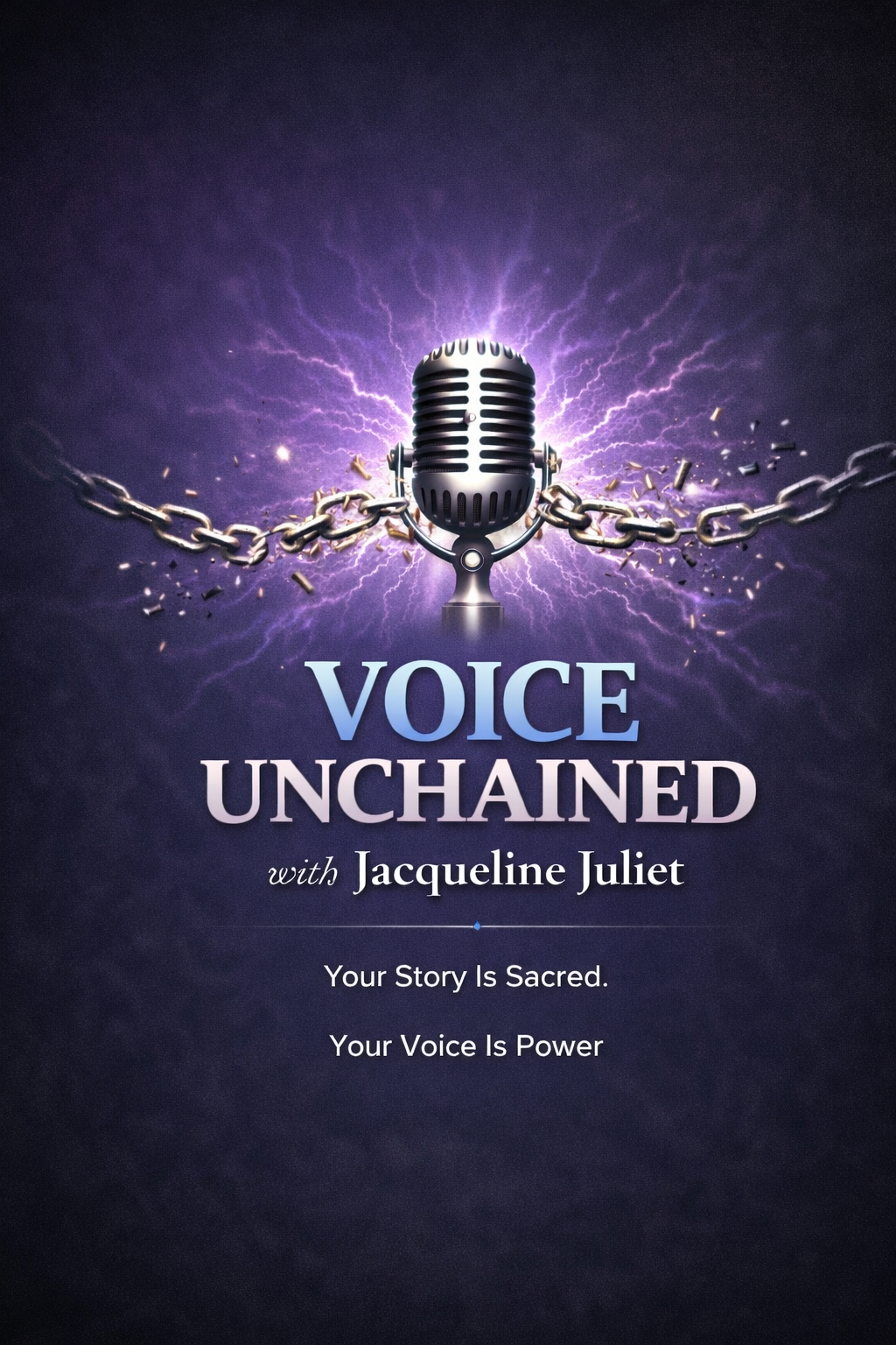 Microphone breaking free from chains with lighting, symbolizing reclaiming voice and truth.