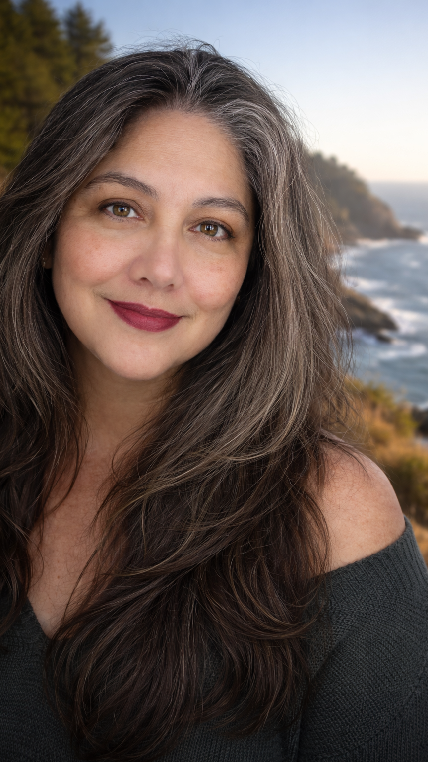 Portrait of Jacqueline, founder of Healing Hearts Sanctuary, standing near the ocean with a calm, grounded expression.