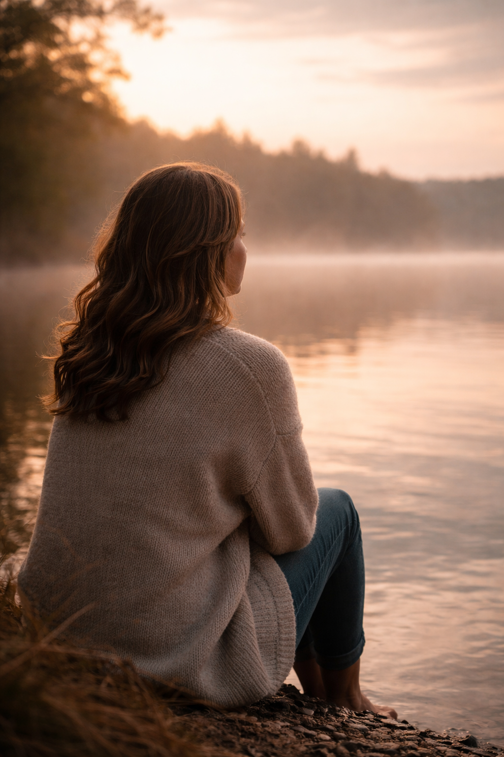 Woman sitting quietly by a lake at sunrise, reflecting on awareness and self-observation
