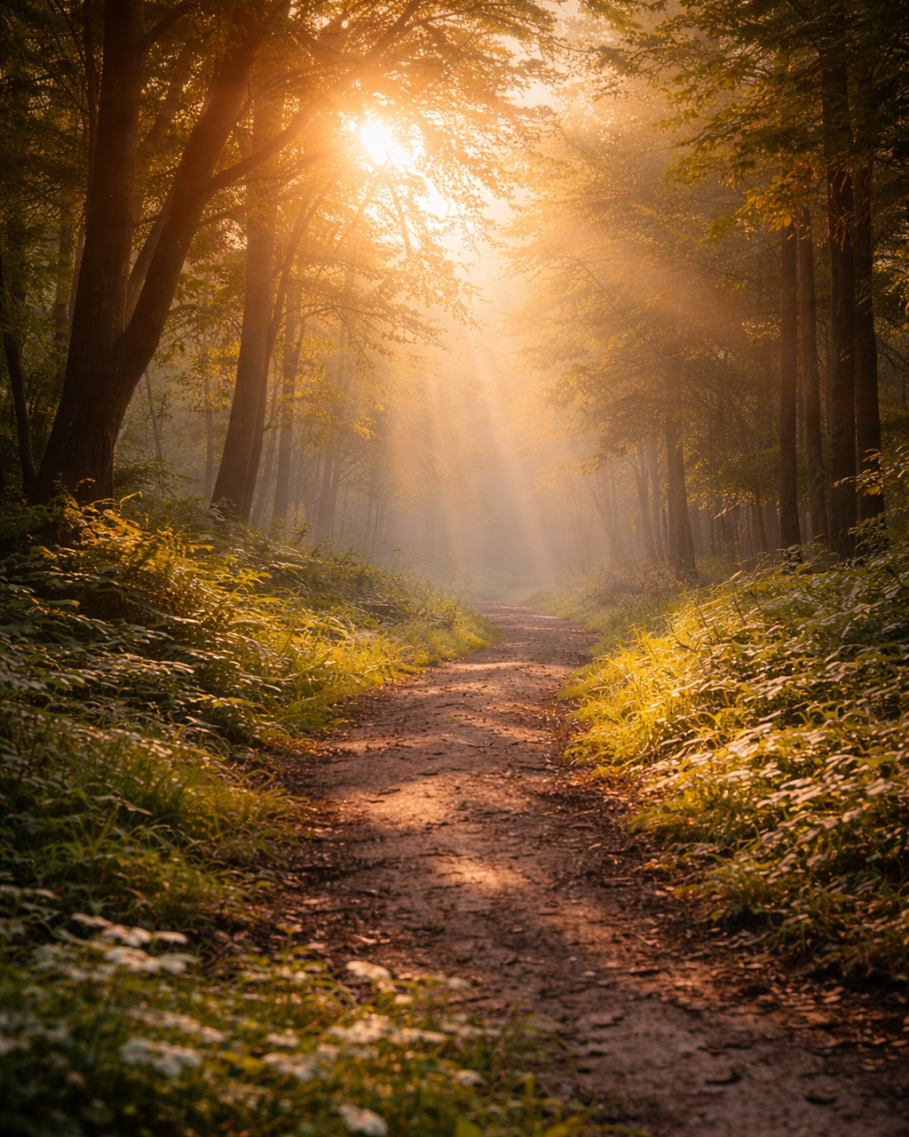 Sunlit forest path leading forward through trees.