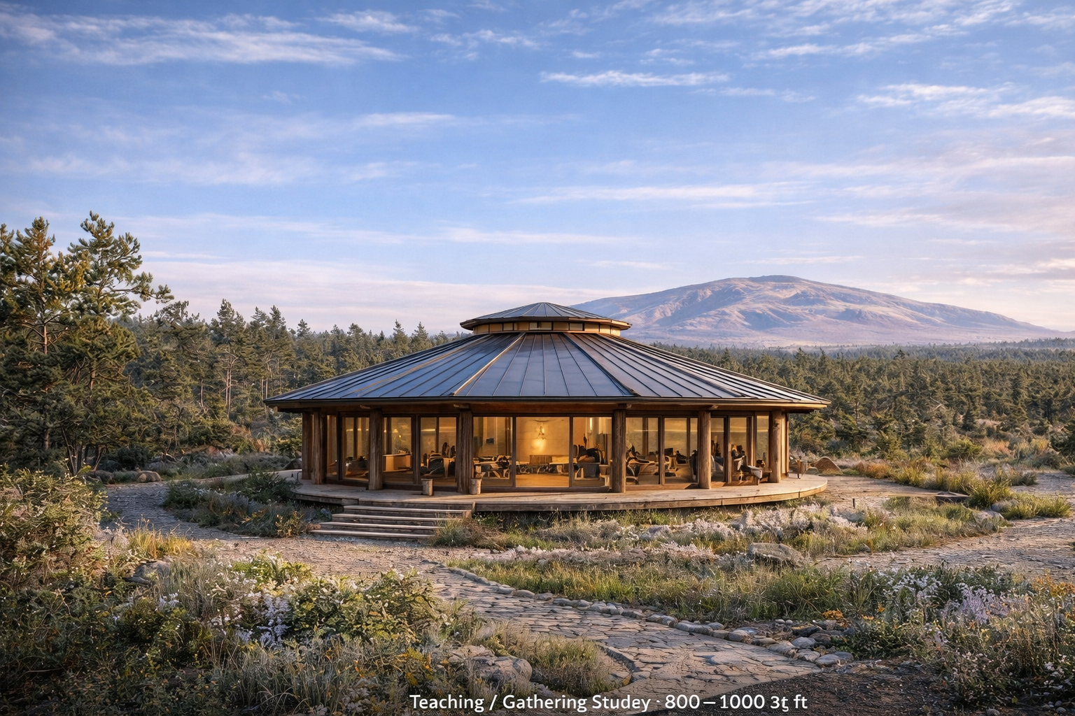 A round building with large glass windows and a metal roof, situated in a natural outdoor setting with trees and a mountain in the background, during dusk or dawn.
