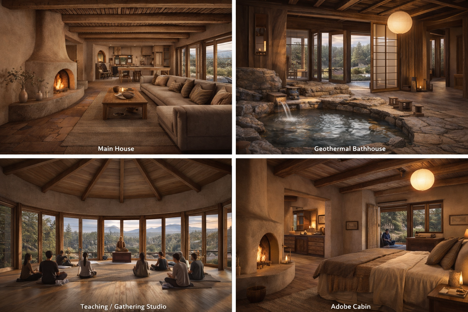 Interior views of a rustic home: a living room with a fireplace and beige sofa, a geothermal bathhouse with a rocky hot spring pool, a circular meditation/yoga studio with large windows and a meditation group, and a bedroom with a stone fireplace and a person seated by the window.