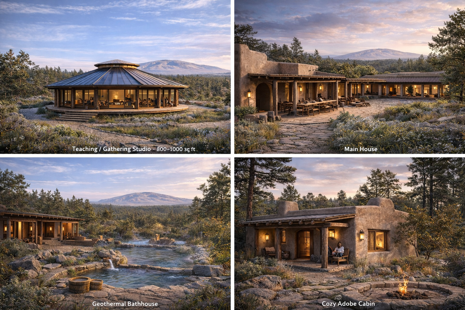 A collage of four images of a rustic outdoor lodge set in a mountainous, forested landscape at sunset. The top left shows a teaching or gathering studio with a round, metal roof and large windows. The top right displays the main house with a stone patio and outdoor dining area. The bottom left highlights a geothermal bathhouse with natural hot springs and waterfalls. The bottom right features a cozy Adobe-style cabin with a fire pit and outdoor seating.