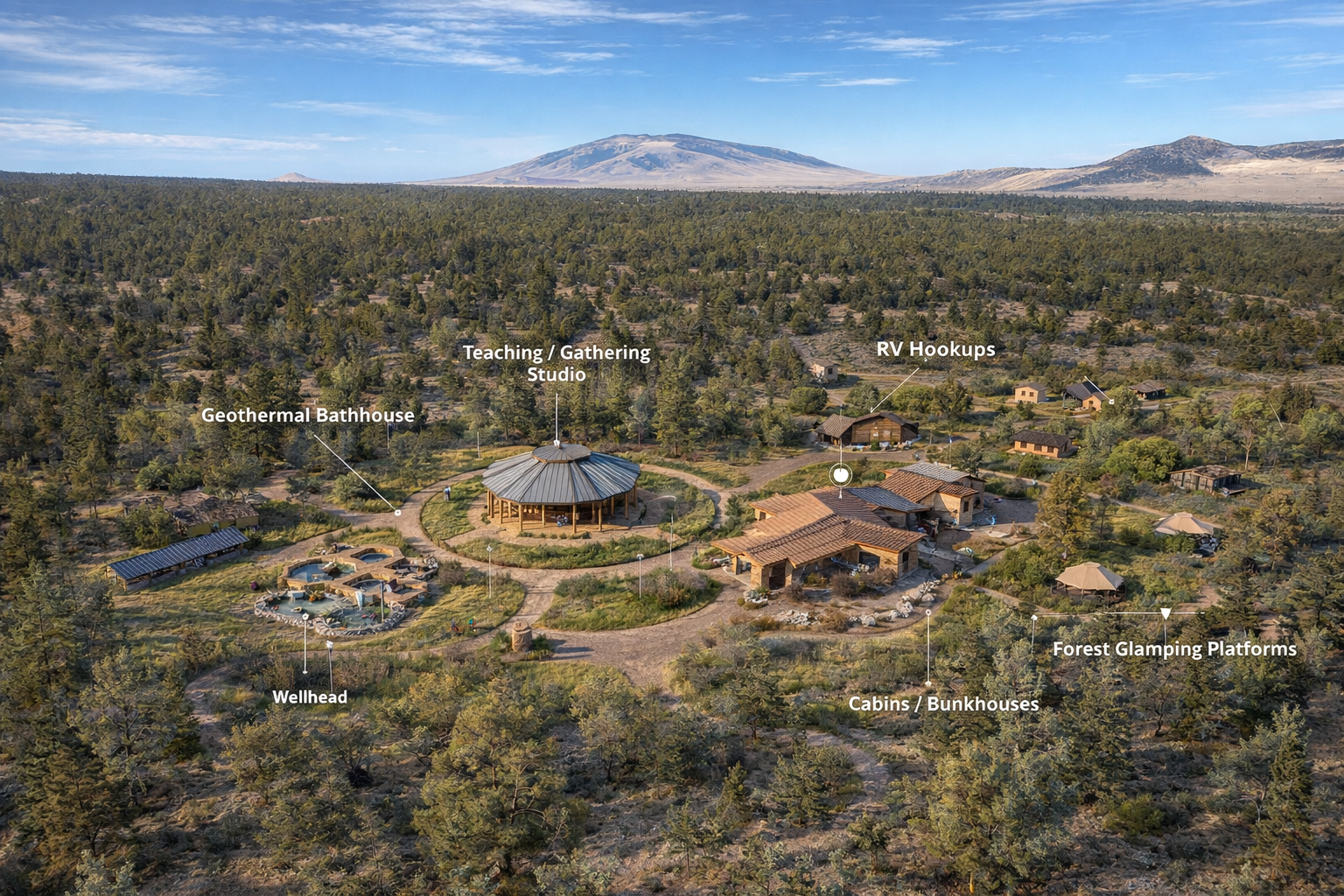 Aerial view of a nature retreat with labeled structures including a geothermal bathhouse, wellhead, teaching or gathering studio, RV hookups, cabins or bunkhouses, and forest glamping platforms, surrounded by trees and mountains in the background.
