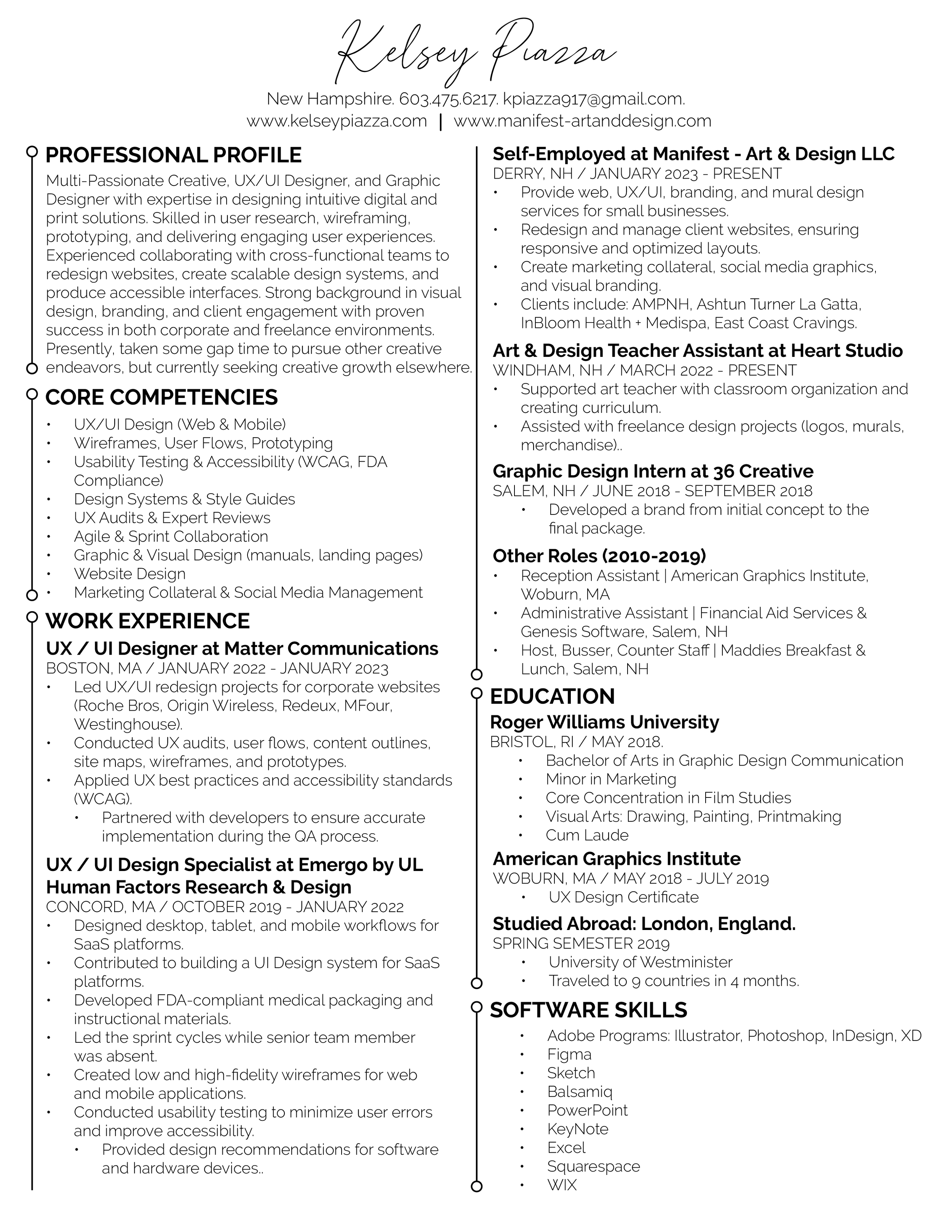 A professional resume belonging to Kelsey Piazza, detailing her skills, work experience, education, and contact information.