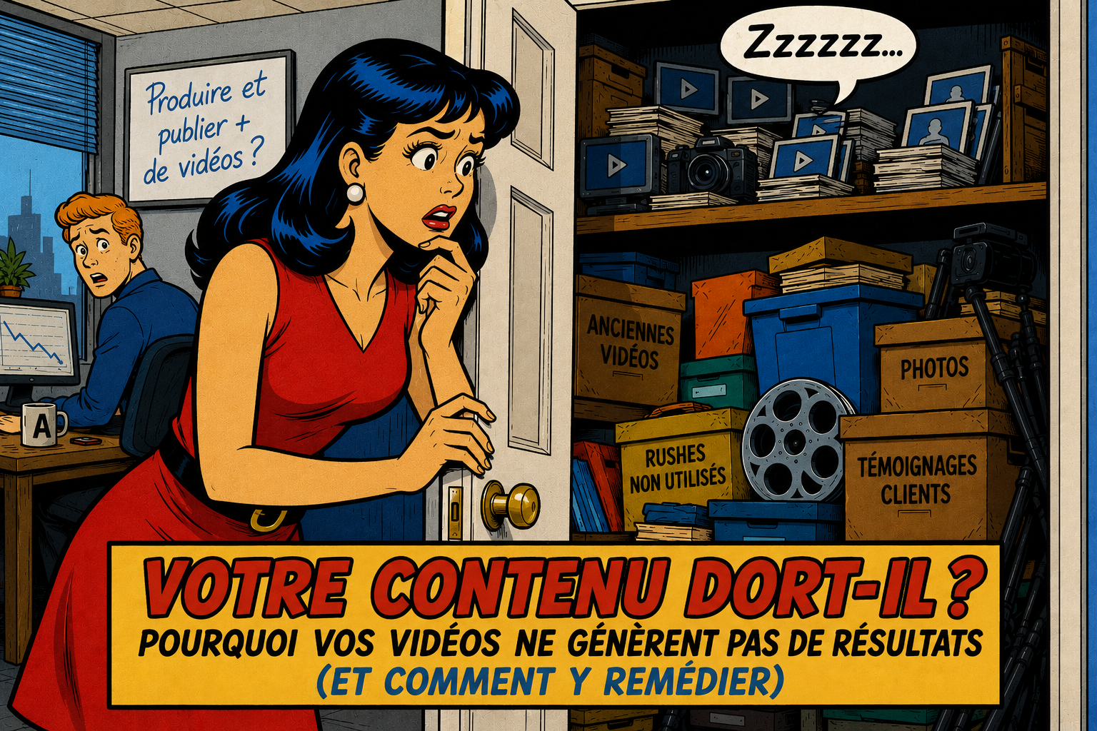 Illustration marketing vidéo : contenu inutilisé en entreprise, vidéos qui ne performent pas, absence de stratégie de contenu, employée inquiète et résultats en baisse.