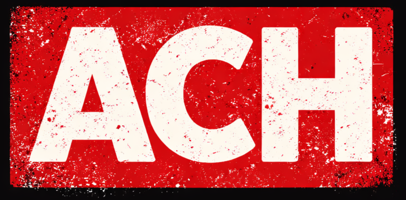 A red rectangular sign with the letters 'ACH' in large white, distressed font.
