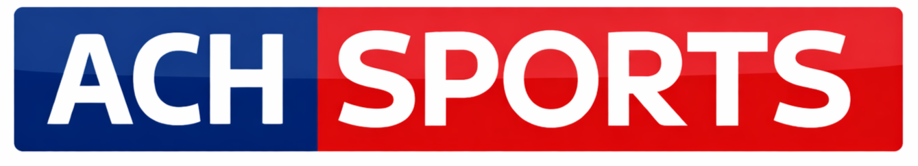 Logo for ACH Sports with a blue and red background and white text.
