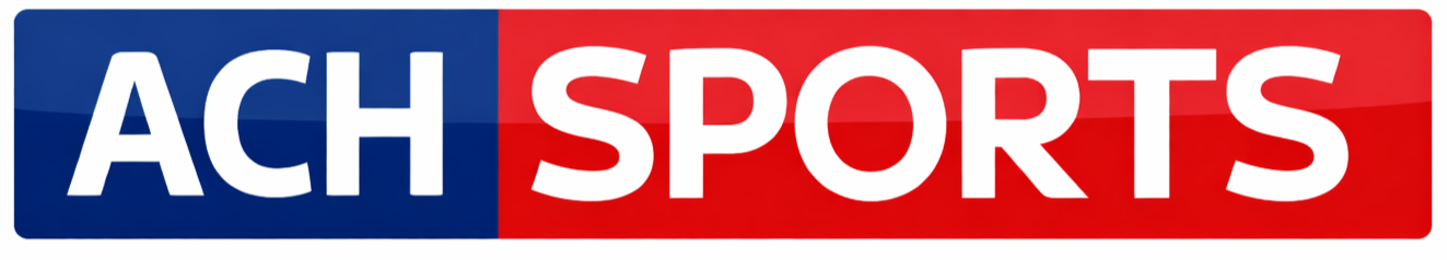 Logo for ACH Sports with blue and red background, white text