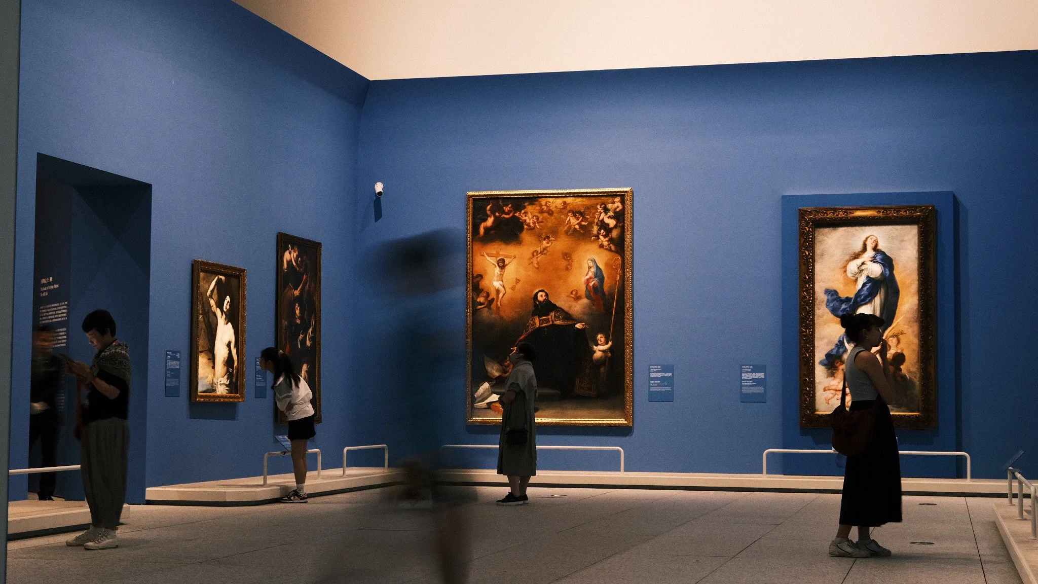 SHANGHAI, CHINA — Visitors observe classical artworks inside the Museum of Art Pudong in April 2024, as figures blur in motion,
reflecting the quiet rhythm and contemplative atmosphere of the gallery space.