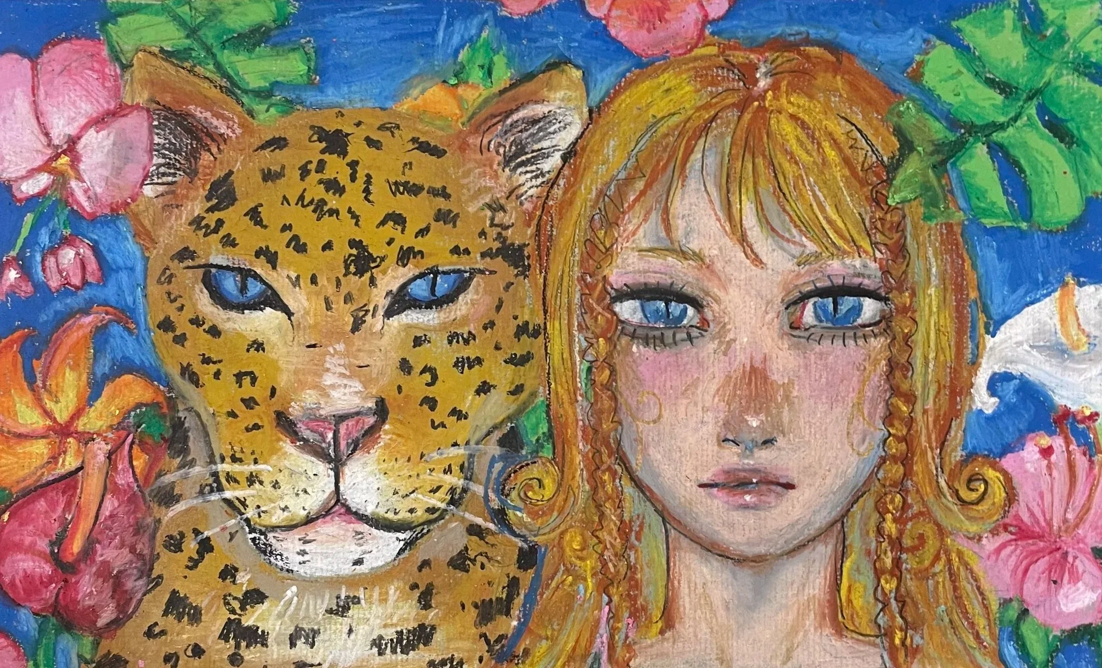Cheetah, oil pastels on paper, 8.5"x22"