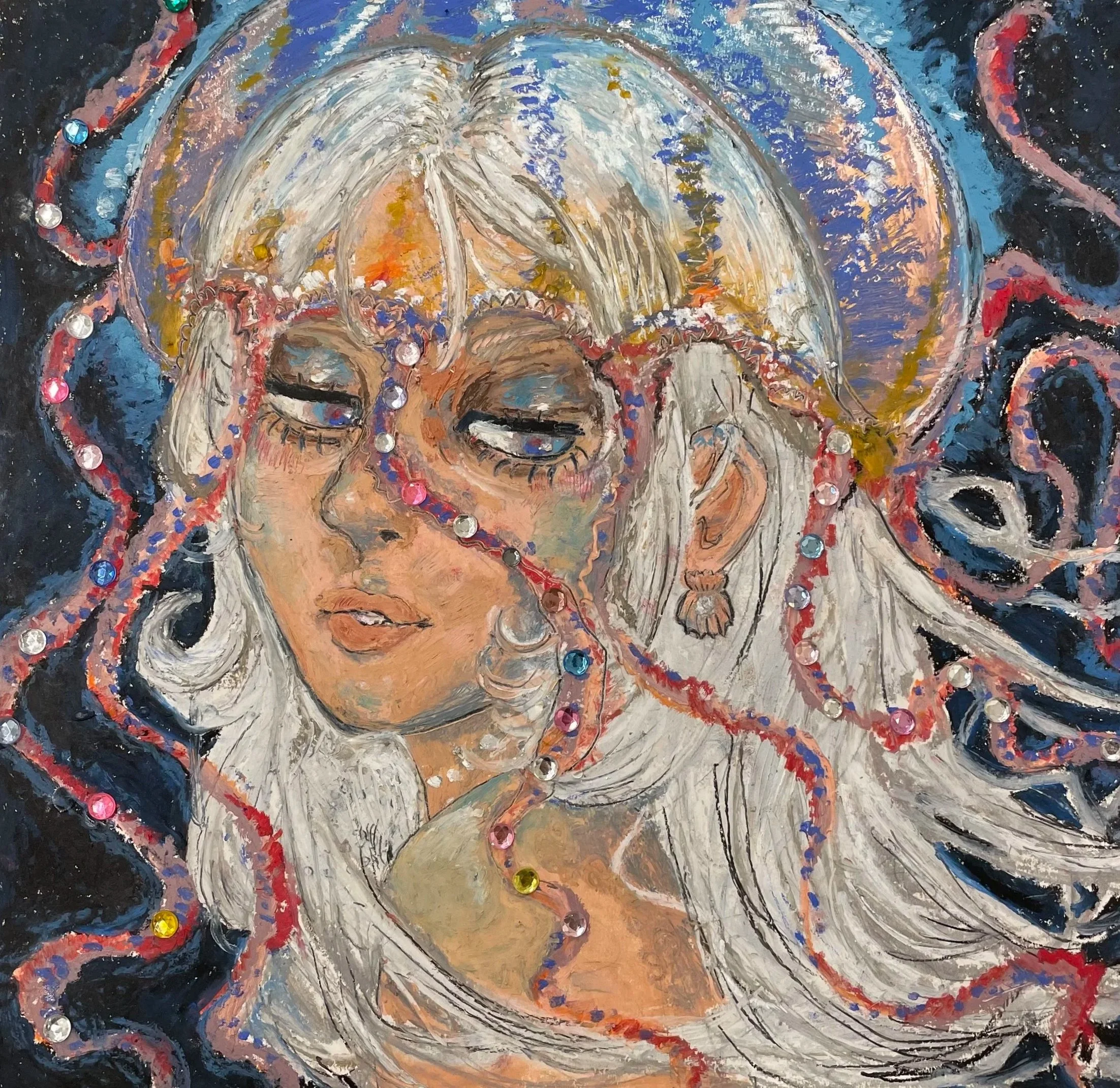 Jellyfish, oil pastels on paper, 8.5"x11"