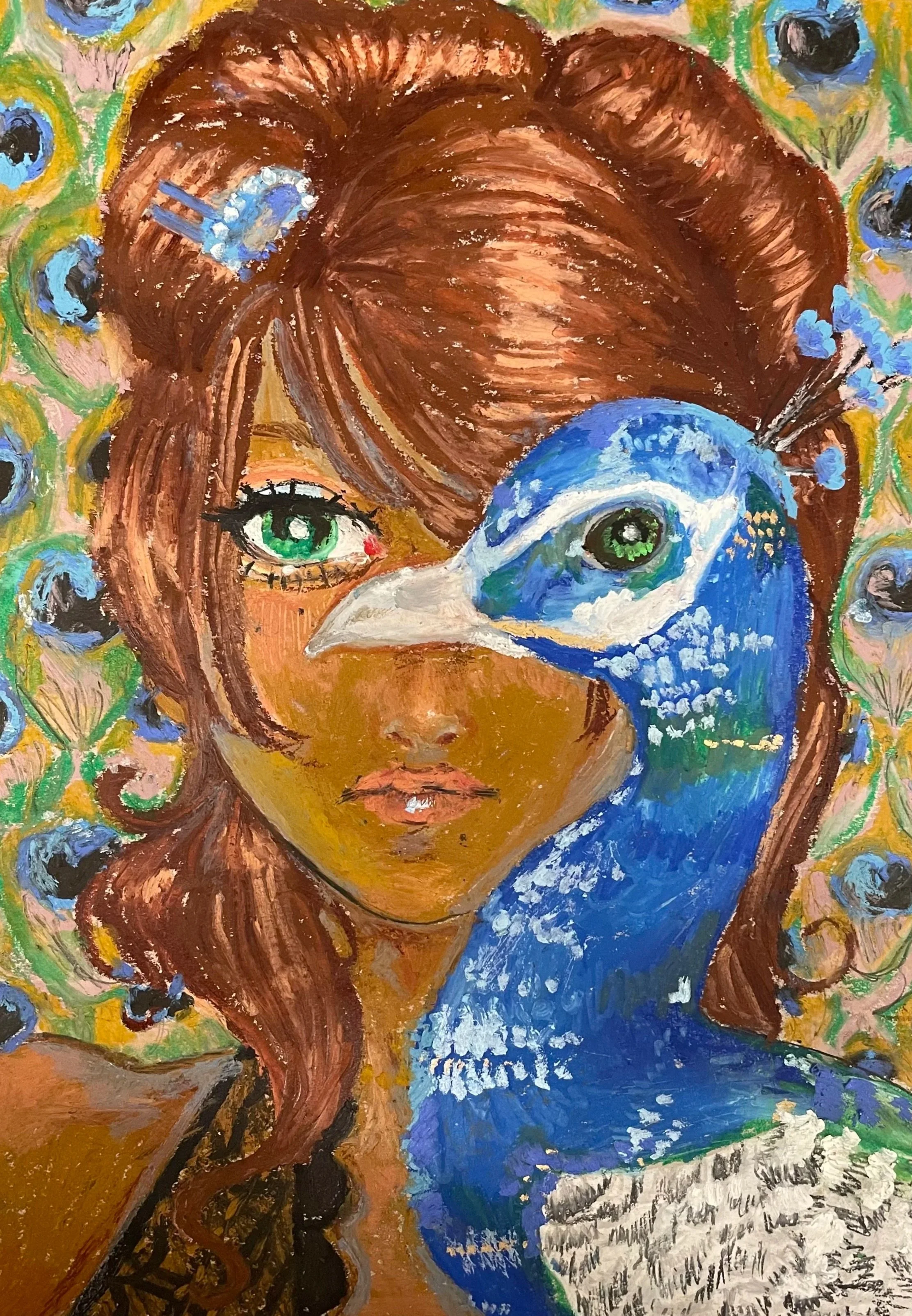 Peacock, oil pastels on paper, 8.5"x11"