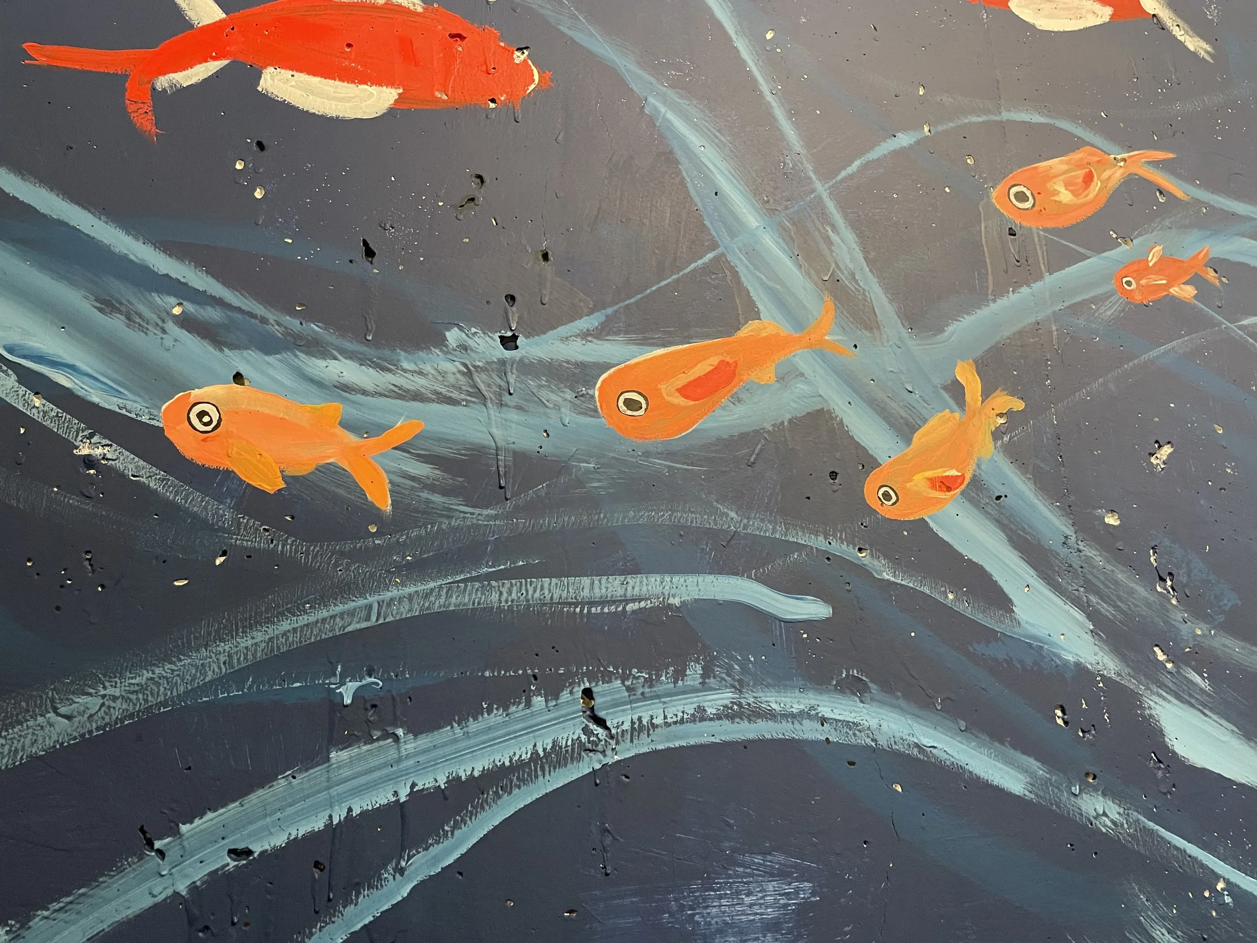 Sea Life Mural (fish detail), house paint on concrete wall, 8' x40'