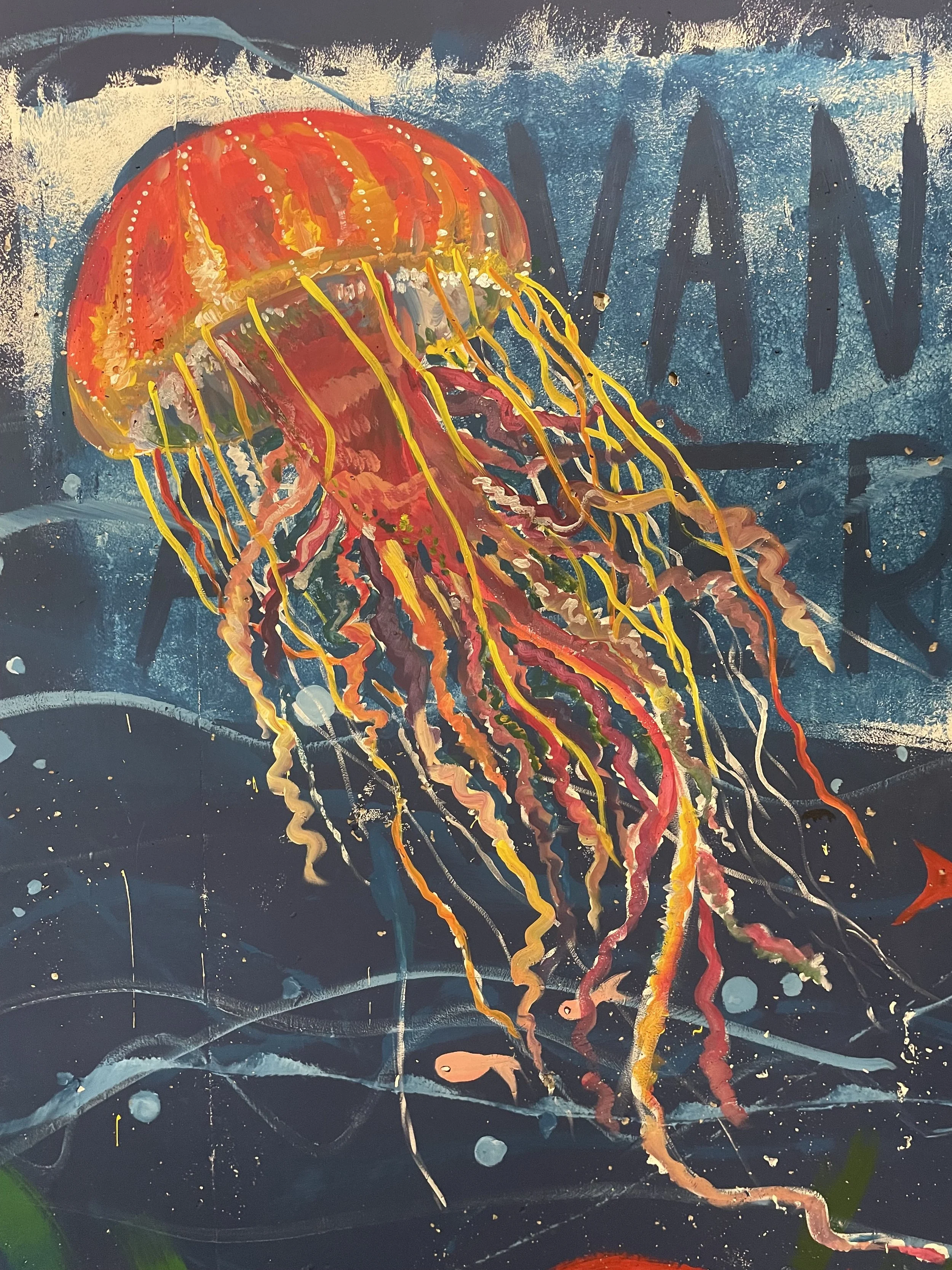 Sea Life Mural (jellyfish detail), house paint on concrete wall, 8' x40'