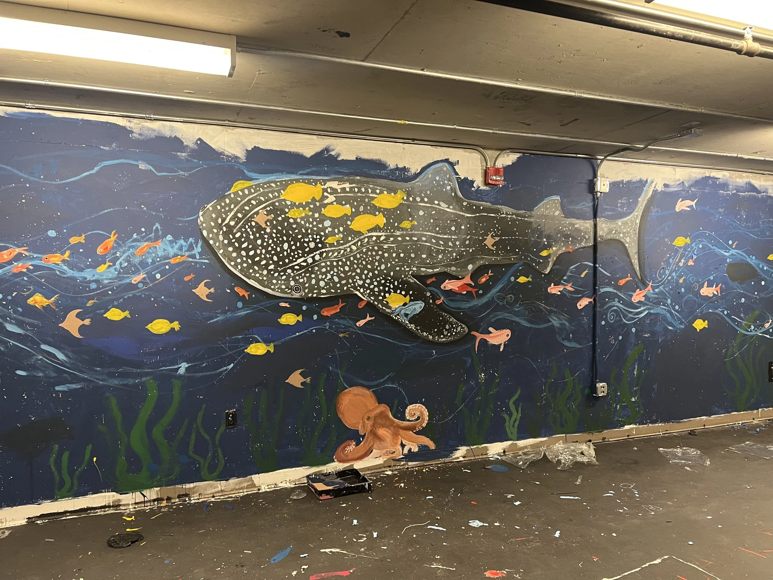 Sea Life Mural, house paint on concrete wall, 8' x40' 