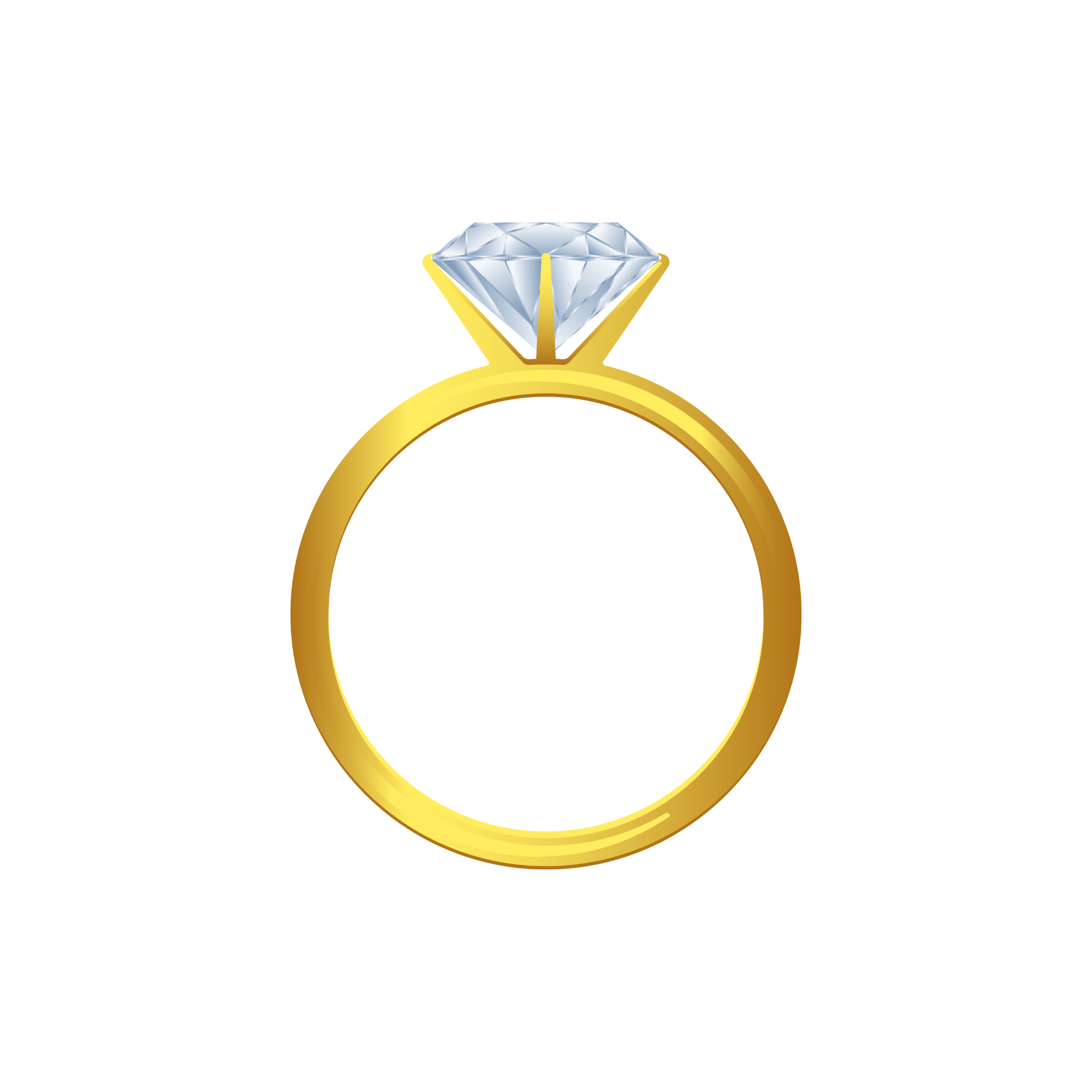 Gold ring with a large, cut diamond on top, set against a black background.
