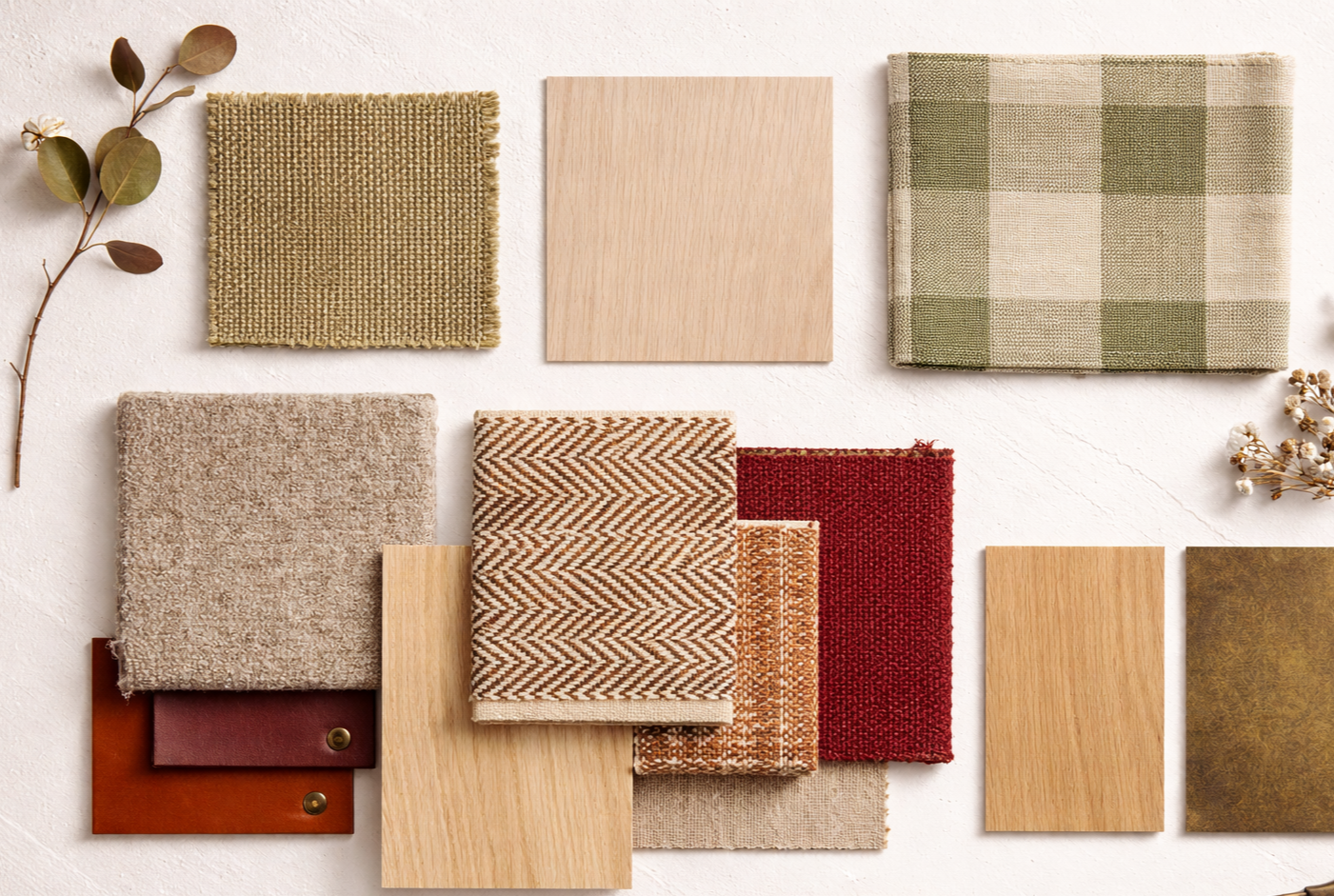 A collection of fabric swatches, wood samples, and decorative elements arranged on a white surface, including a green plaid fabric, beige and brown textured fabrics, and small branches with leaves and berries.