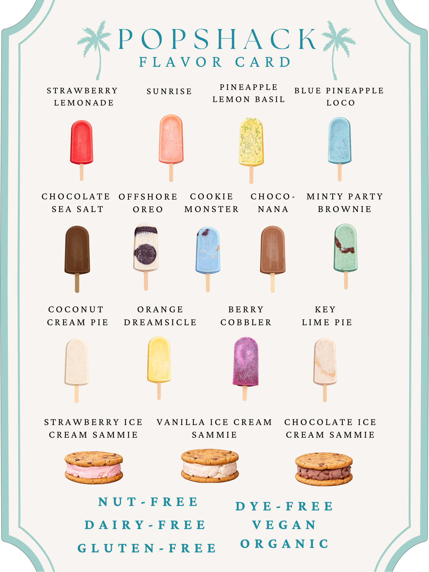 A colorful popsicle flavor chart with 15 flavors and three ice cream sandwich options, including strawberries, pineapple, chocolate, and vanilla, with dietary notes at the bottom.