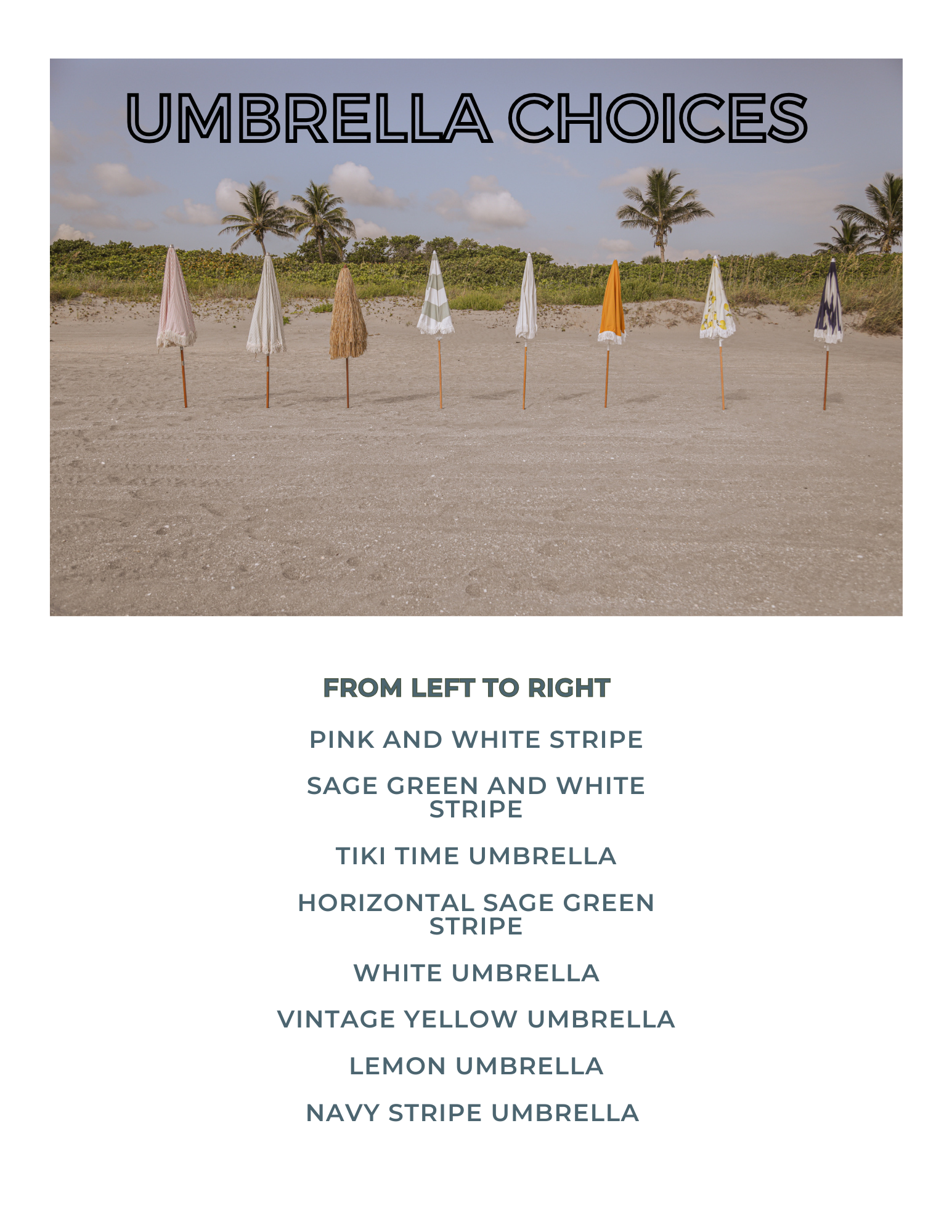 Beach scene with several umbrellas in different styles and colors, and a list of umbrella options from left to right on the image.