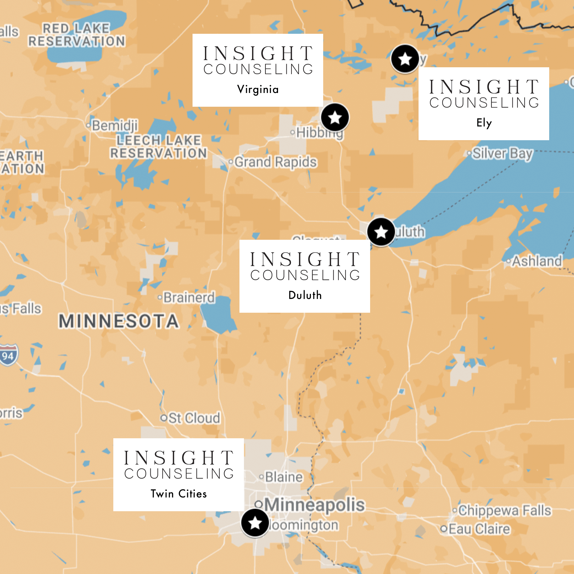 Map of Minnesota showing Insight Counseling's locations in the Twin Cities, Duluth, Virginia and Ely.