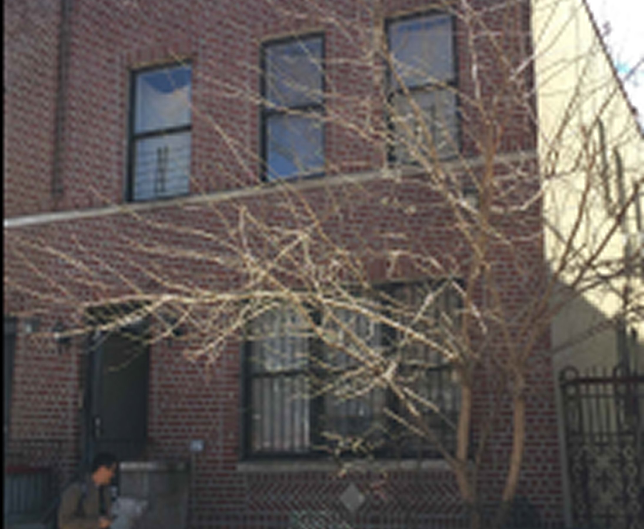 A red brick building with three windows and a fire escape ladder. Bare tree branches in front of the building.