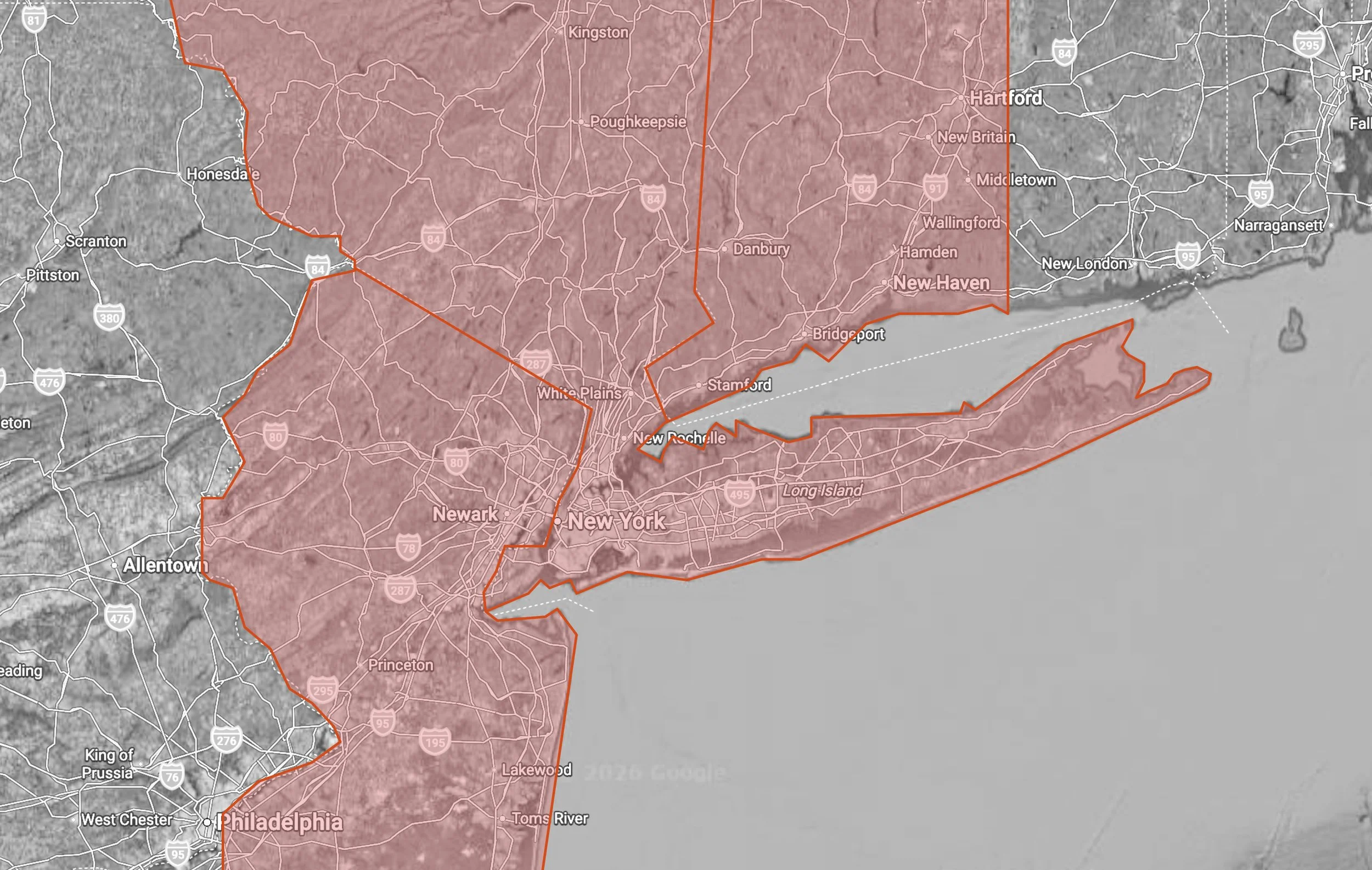 Map showing parts of New York, New Jersey, and Pennsylvania, with county borders marked in red and major cities labeled. The map includes areas like Philadelphia, Newark, White Plains, Yonkers, and parts of Long Island, with the coastline visible on the right side.