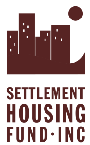 Logo of Settlement Housing Fund, Inc., featuring a stylized cityscape and a rising sun or moon overhead.