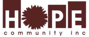 Hope Community Inc logo with the word 'HOPE' and a sunburst design replacing the 'O'.