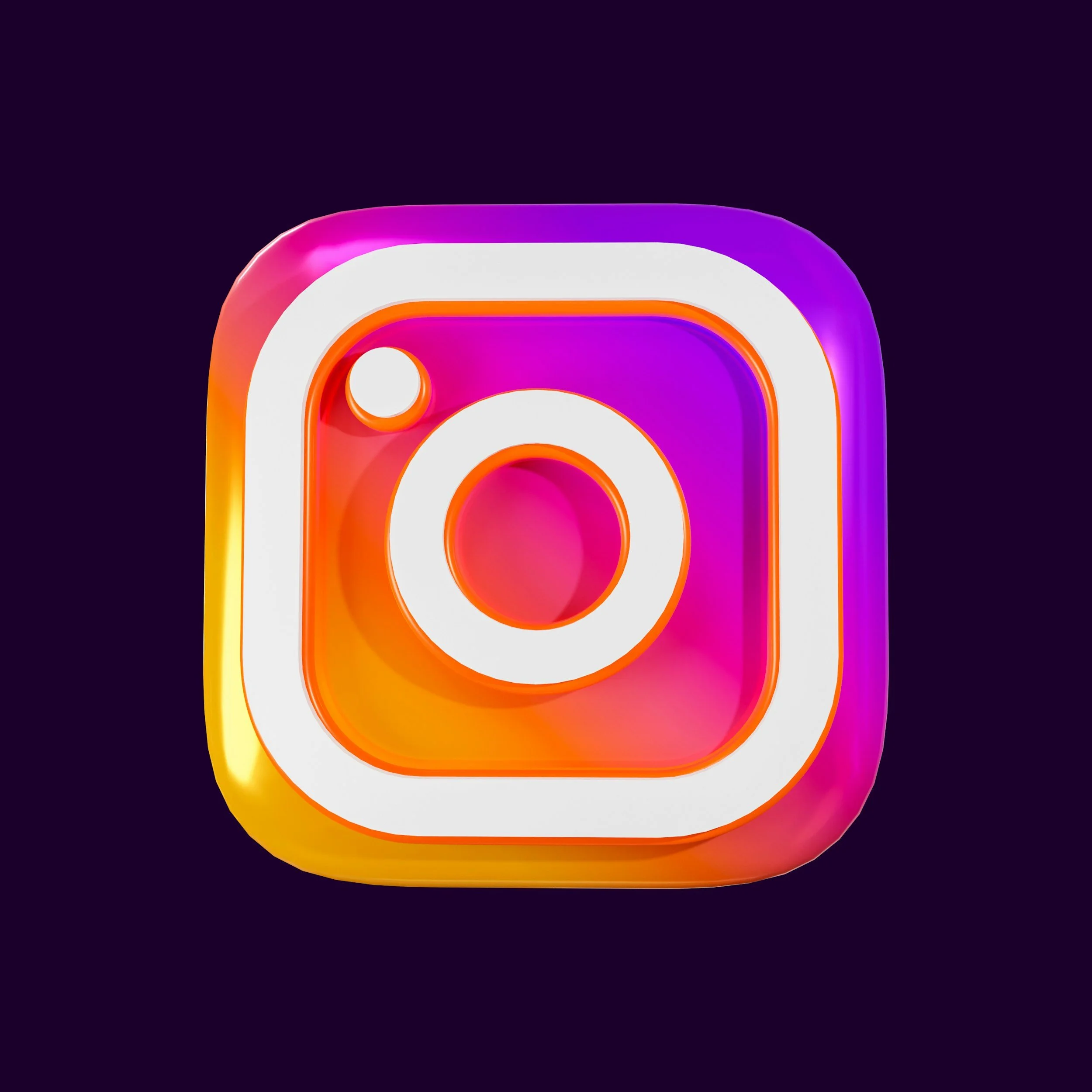 Colorful 3D Instagram logo with gradient effects on a dark background.