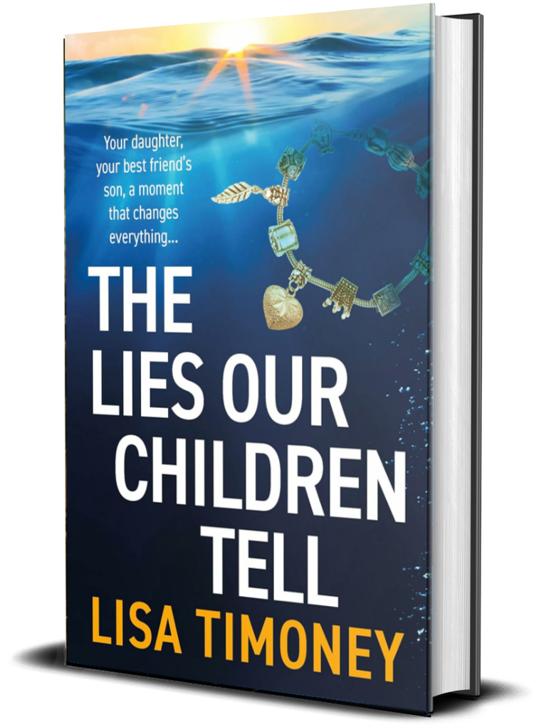 Book cover with the title 'The Lies Our Children Tell' by Lisa Timoney, featuring a background of ocean water with sunlight, and a necklace made of various charms including a heart, a key, and puzzle pieces.