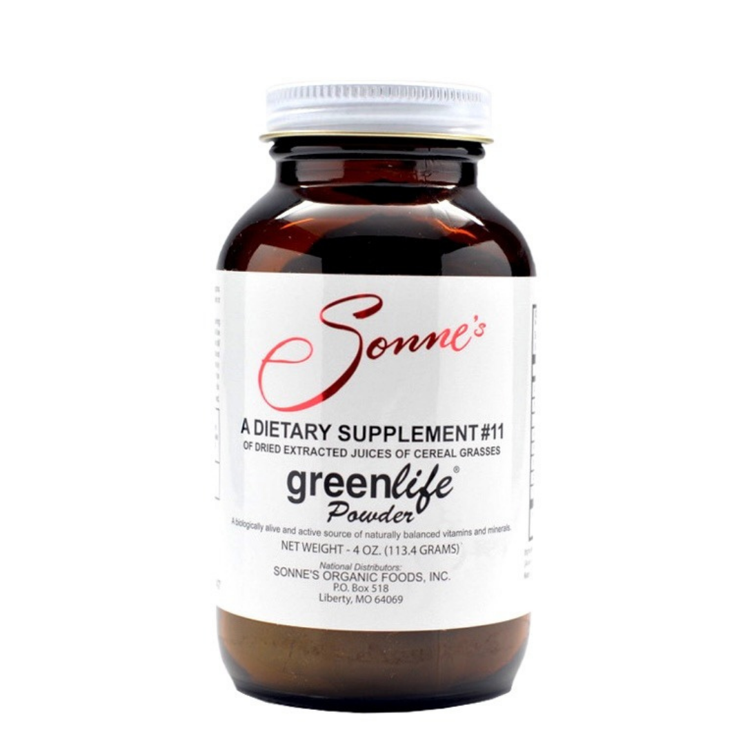 A brown bottle of Sonnes greenlife powder dietary supplement with white label and white cap