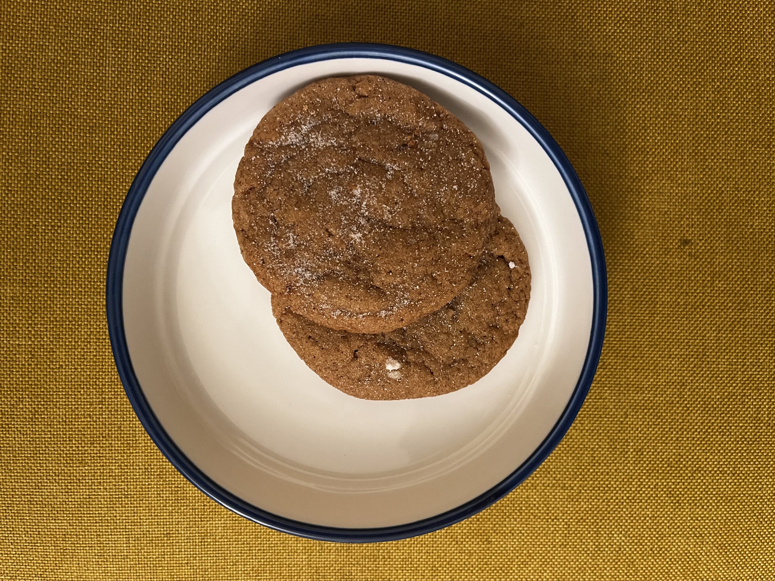 Two oatmeal cookies on a white plate with a blue rim, placed on a yellow textured surface.