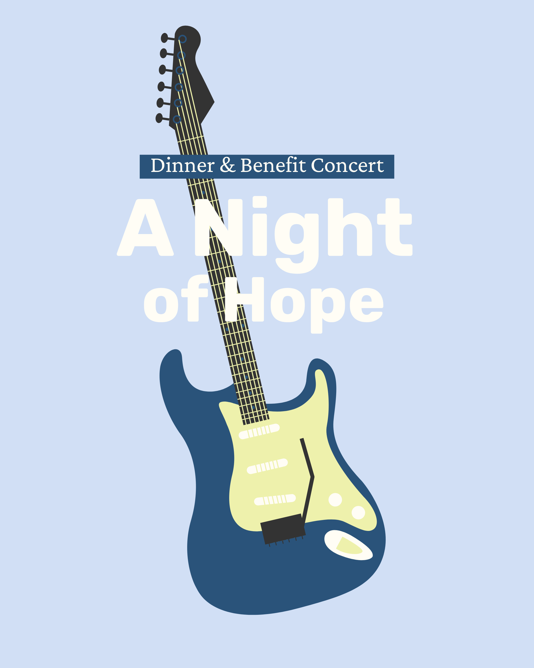Image advertising a dinner and benefit concert titled "A Night of Hope," featuring an illustration of an electric guitar.