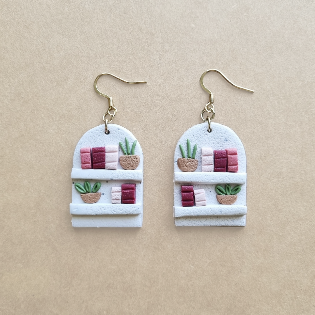 Whimsical Bookshelf Clay Earrings