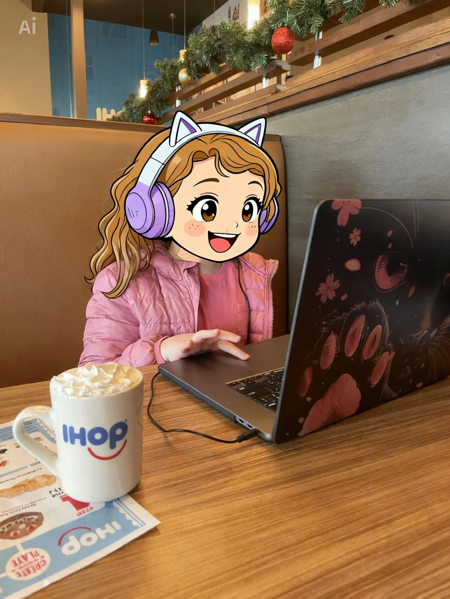 A person sitting at a table in a restaurant with a laptop and a mug of whipped cream, with a digital cartoon overlay of a girl with cat ears and headphones. Decorated for Christmas with garland and ornaments.