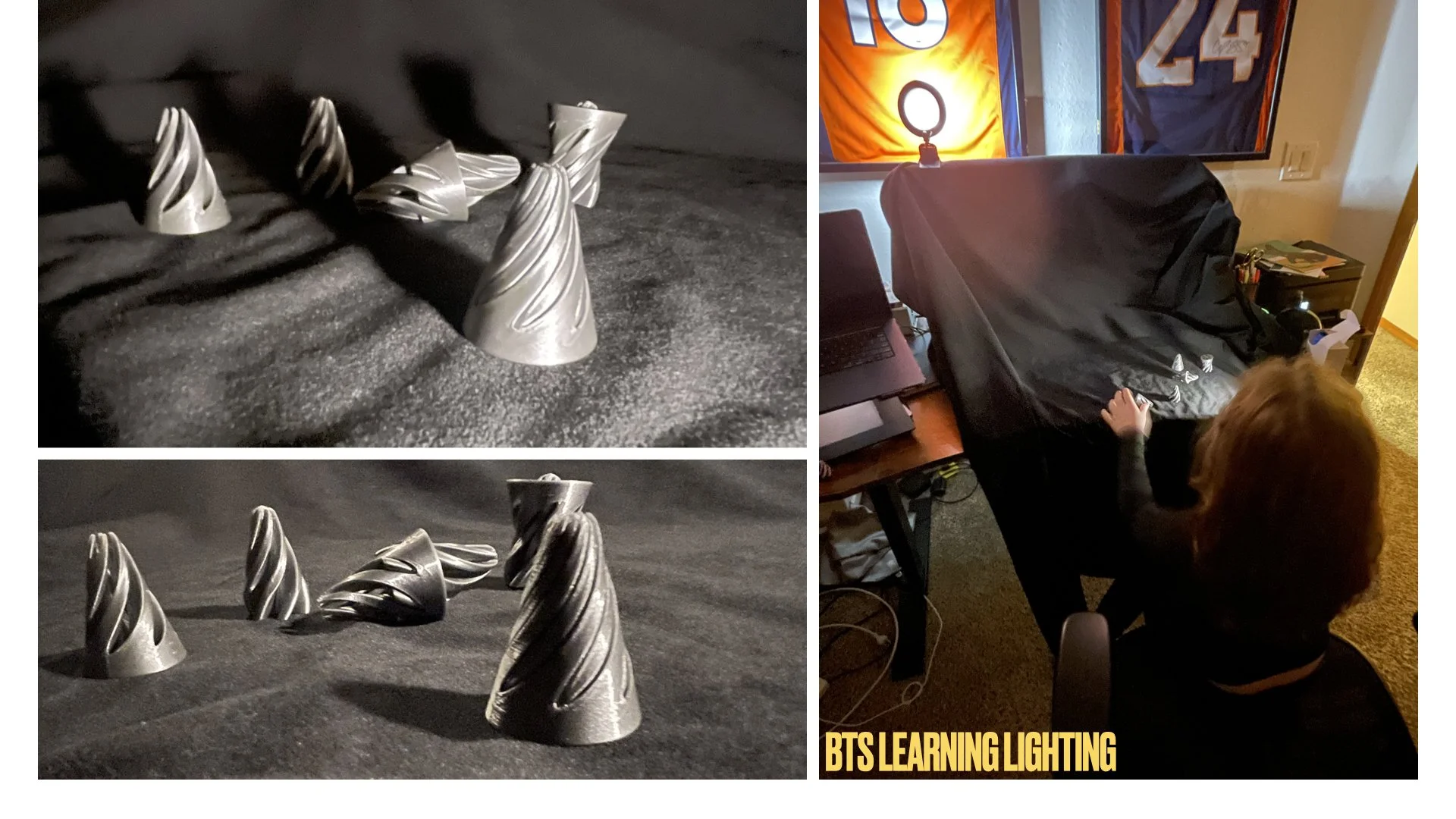 Close-up of silver, spiral-shaped, metallic 3D-printed objects on a black surface, with a child setting up or decorating behind a black fabric-covered table in a room with TFT screens in the background. The text "BTS LEARNING LIGHTING" is at the bottom.