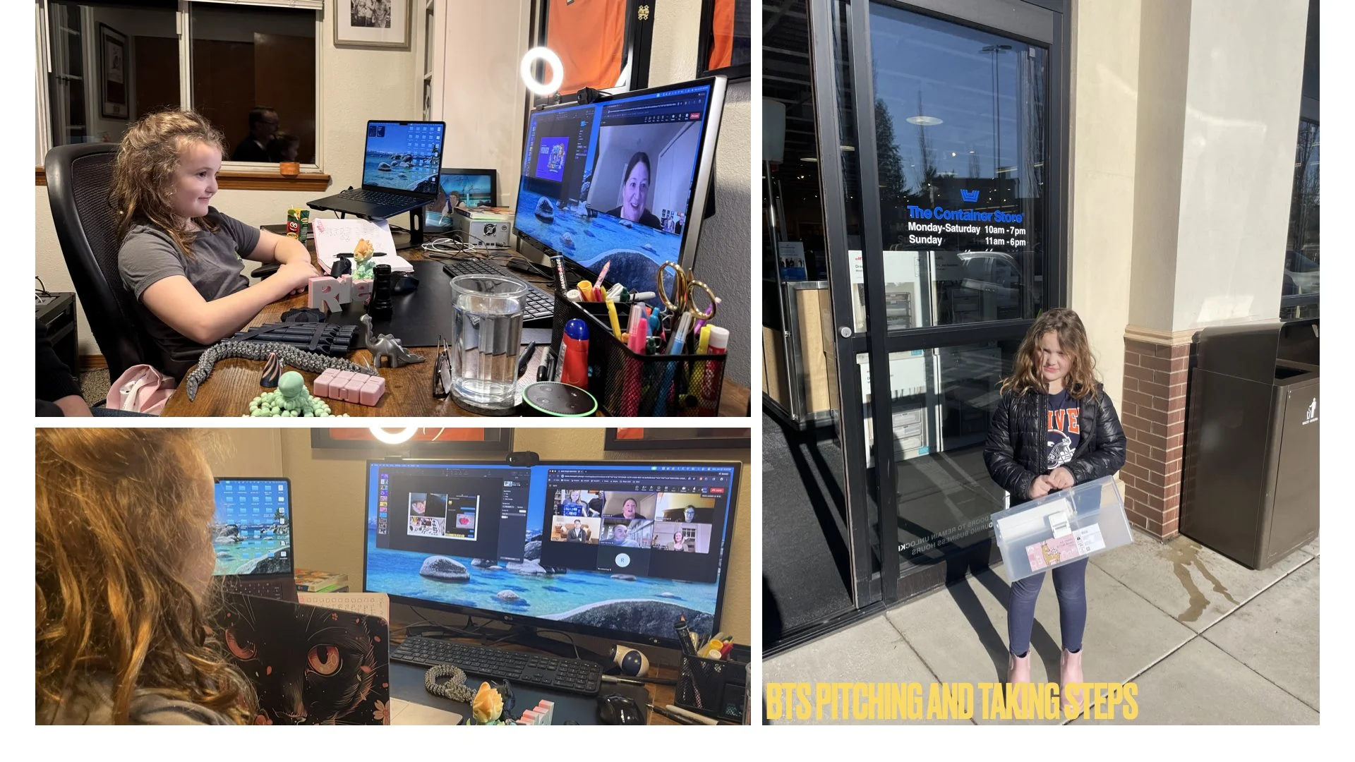 A collage of three photos. The top left shows a young girl sitting at a desk with multiple monitors, working on a virtual meeting. The bottom left shows the girl looking at her computer screen with a large `black cat` design on her laptop. The right photo shows the girl standing outside the store, holding a clear container with items inside, near the entrance of The Container Store. The text overlay reads, 'BTS PITCHING AND TAKING STEPS.'