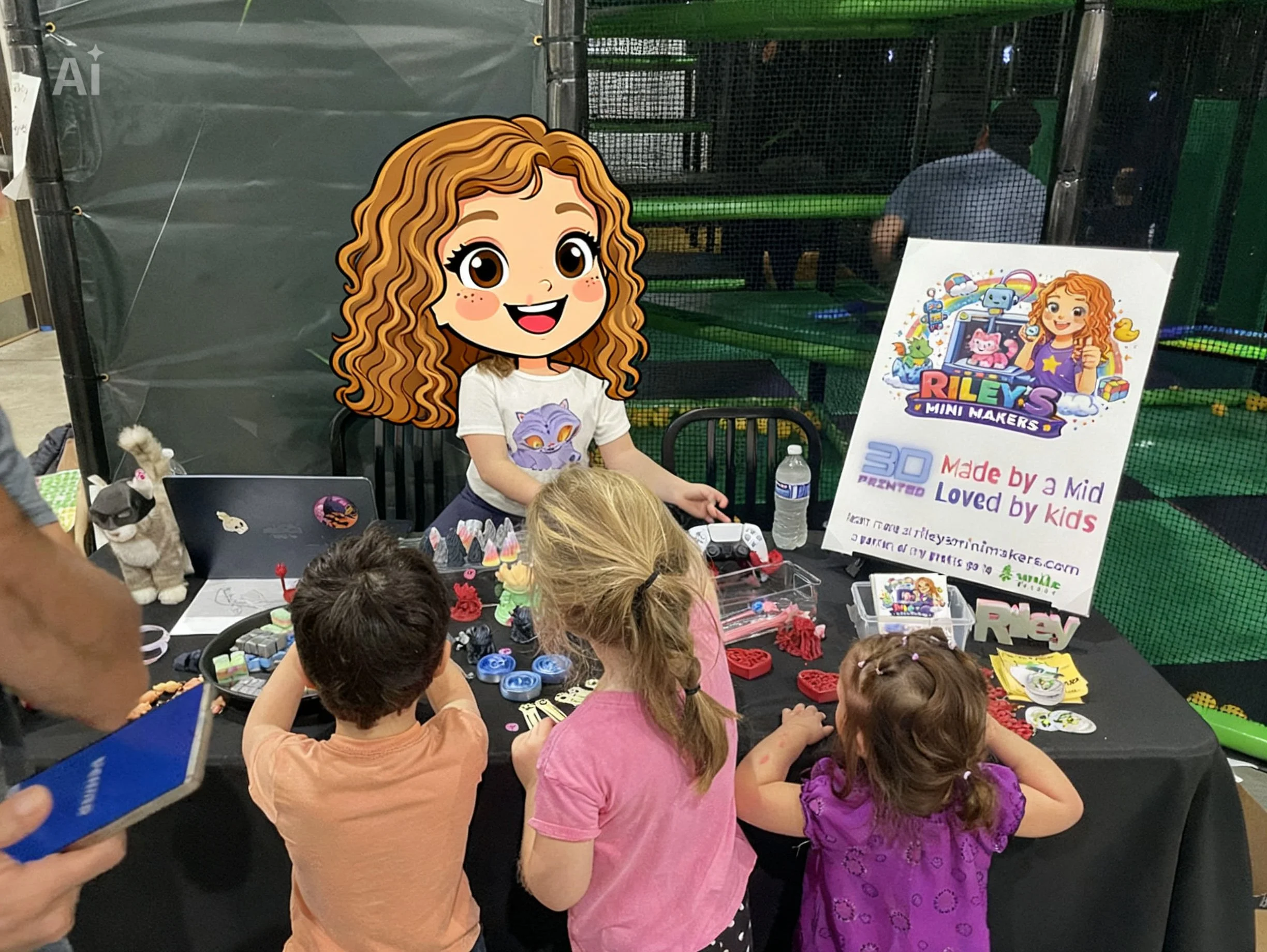 Children at a Riley's Mini Makers booth with a cartoon avatar of a girl with curly hair, building and playing with craft supplies and a laptop at an indoor play area.