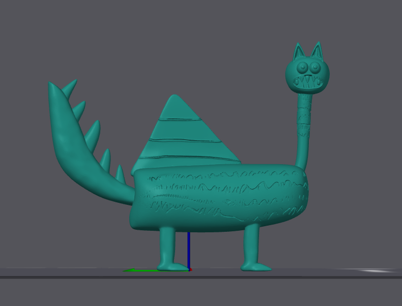 3D model of a cartoonish creature with a dinosaur-like tail, a see-saw body, and a long neck with a cat-like head.