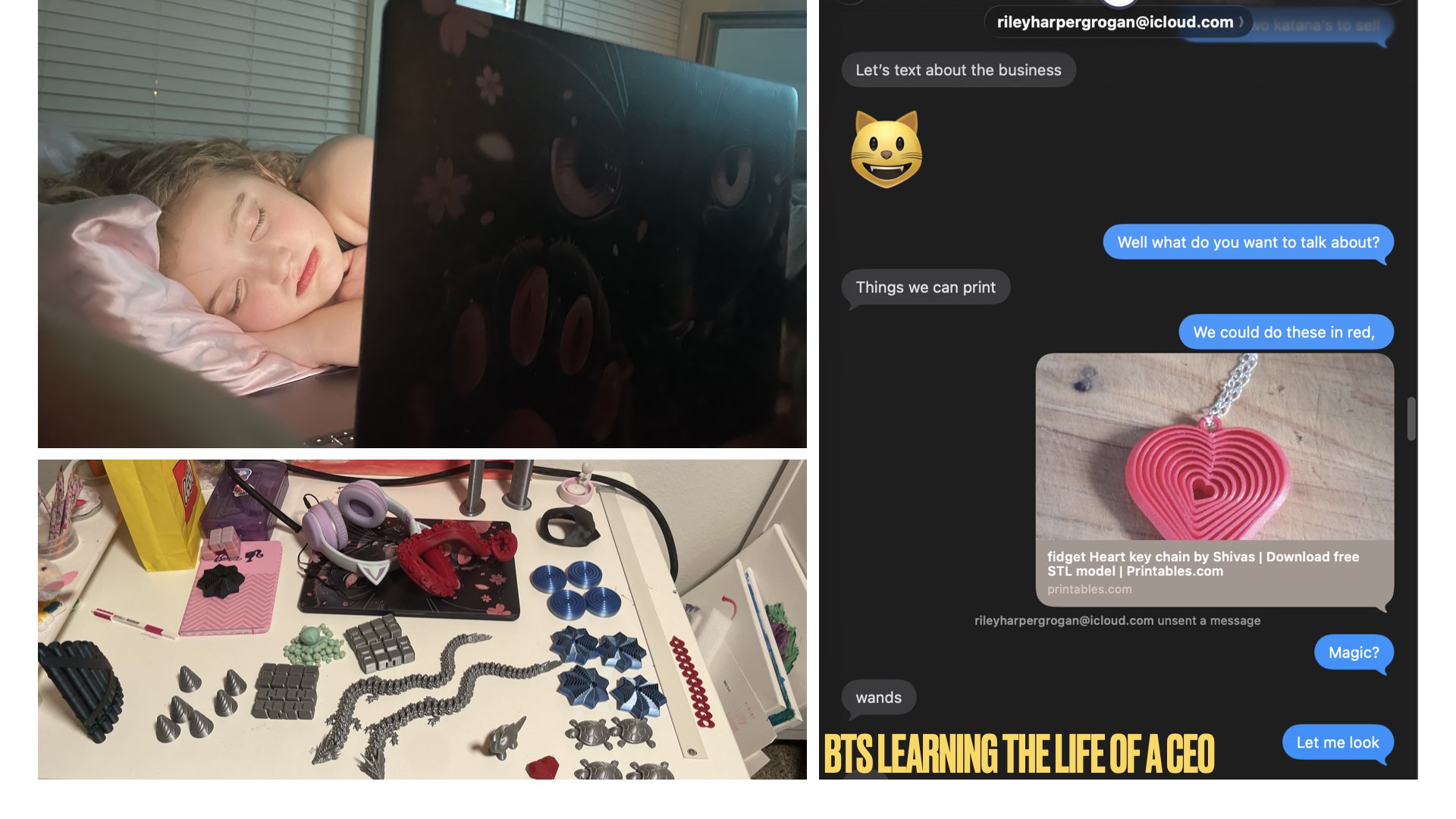 A collage featuring a sleeping girl resting on a pillow, a cluttered desk with various game pieces and accessories, and a screenshot of a text conversation with a pink heart-shaped keychain.